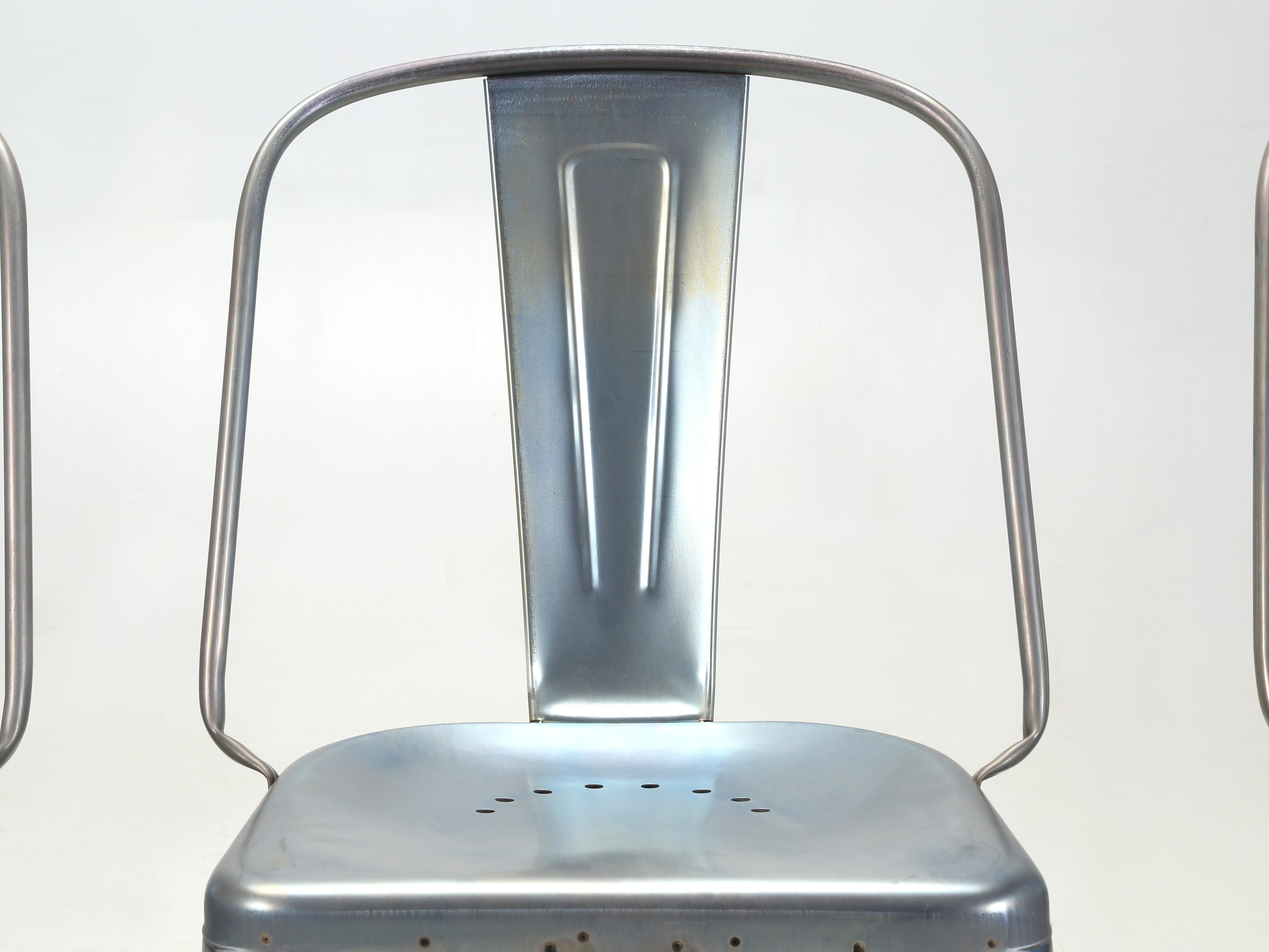 French Set of 4 Original Tolix Raw Blue Grey Welded AC Wide Style Chairs More Available For Sale