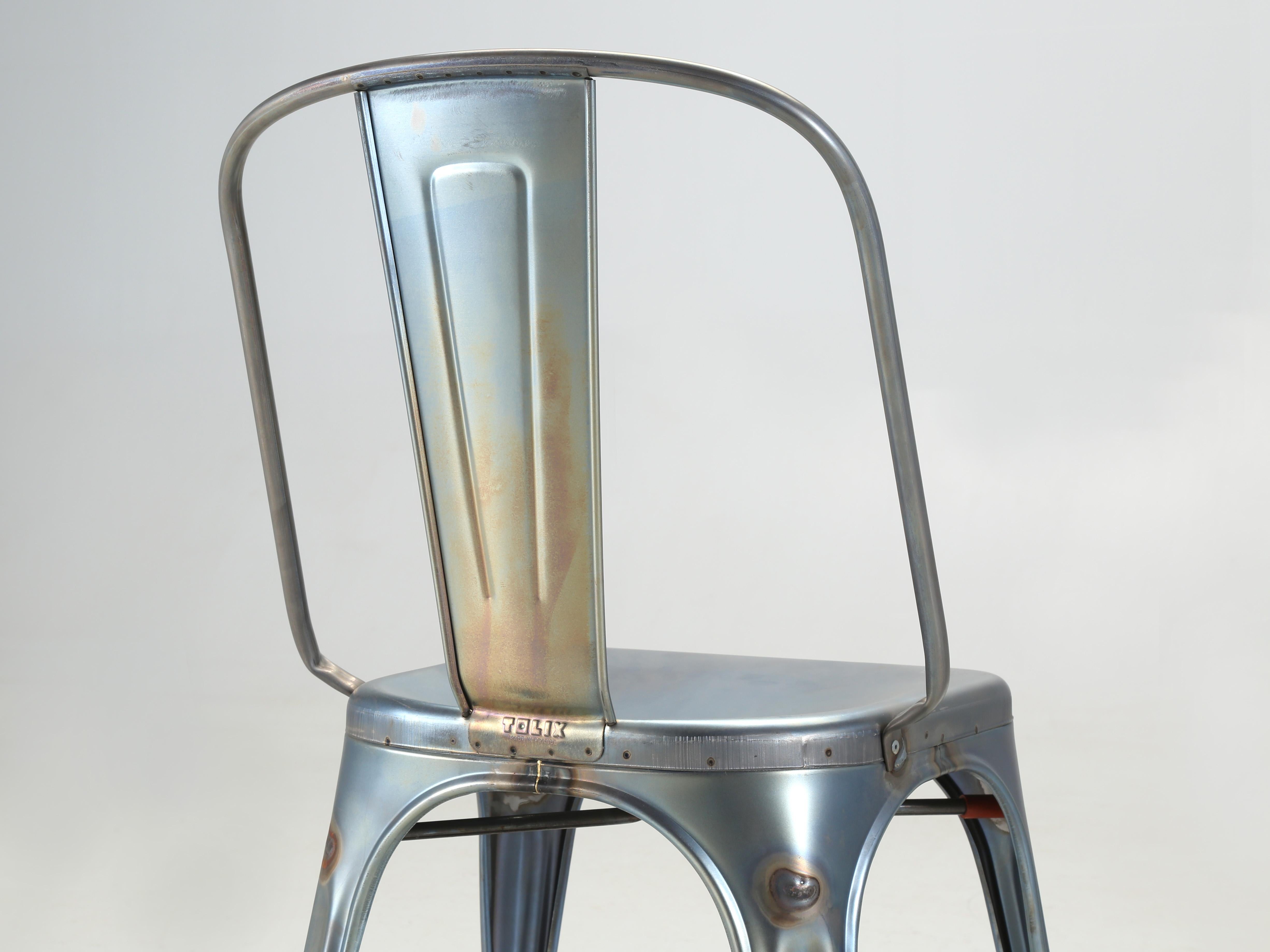 Hand-Crafted Set of 4 Original Tolix Raw Blue Grey Welded AC Wide Style Chairs More Available For Sale