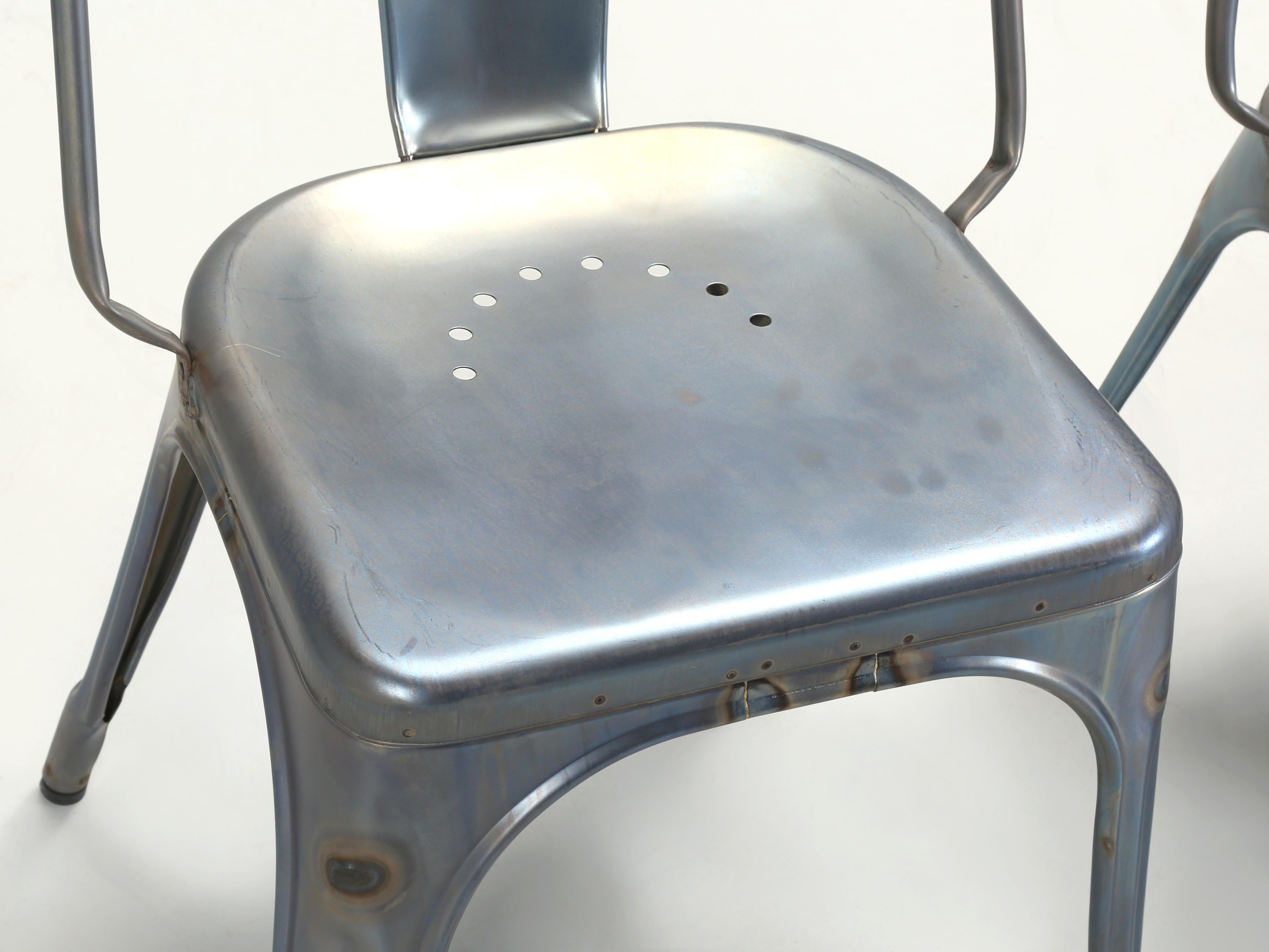 Contemporary Set of 4 Original Tolix Raw Blue Grey Welded AC Wide Style Chairs More Available For Sale