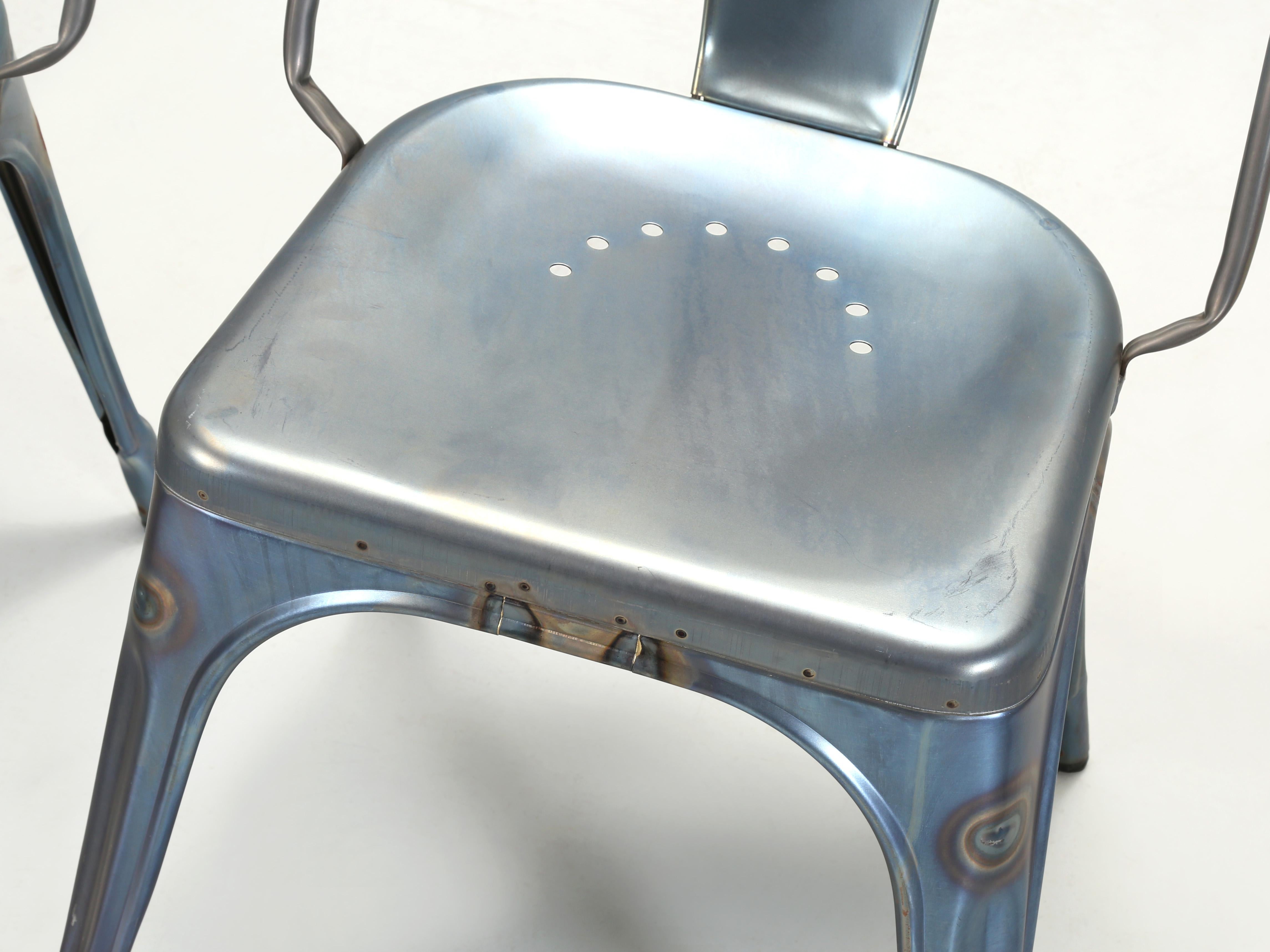 Steel Set of 4 Original Tolix Raw Blue Grey Welded AC Wide Style Chairs More Available For Sale