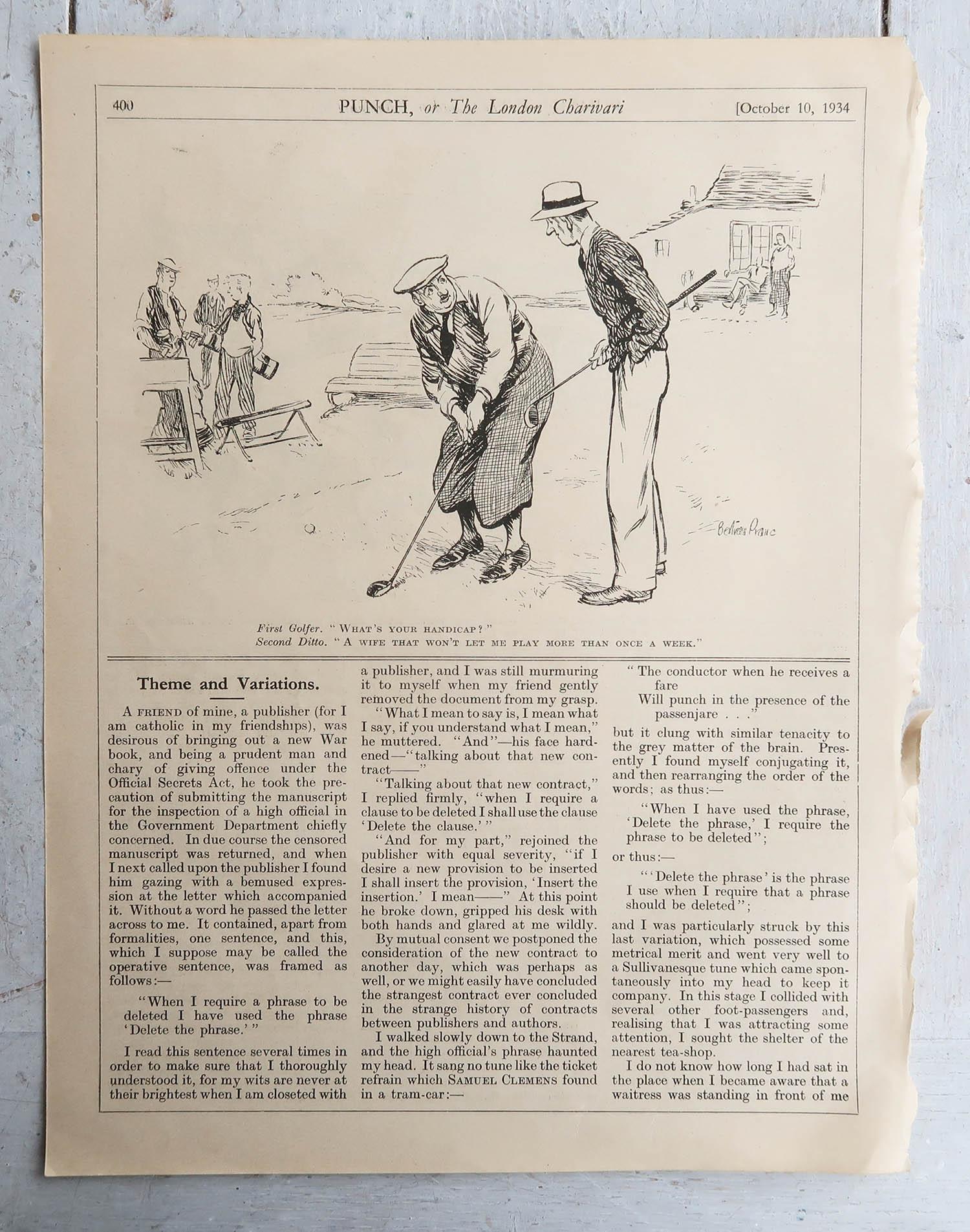 British Set of 4 Original Vintage Prints of Cartoons Golf Related. 1934 For Sale