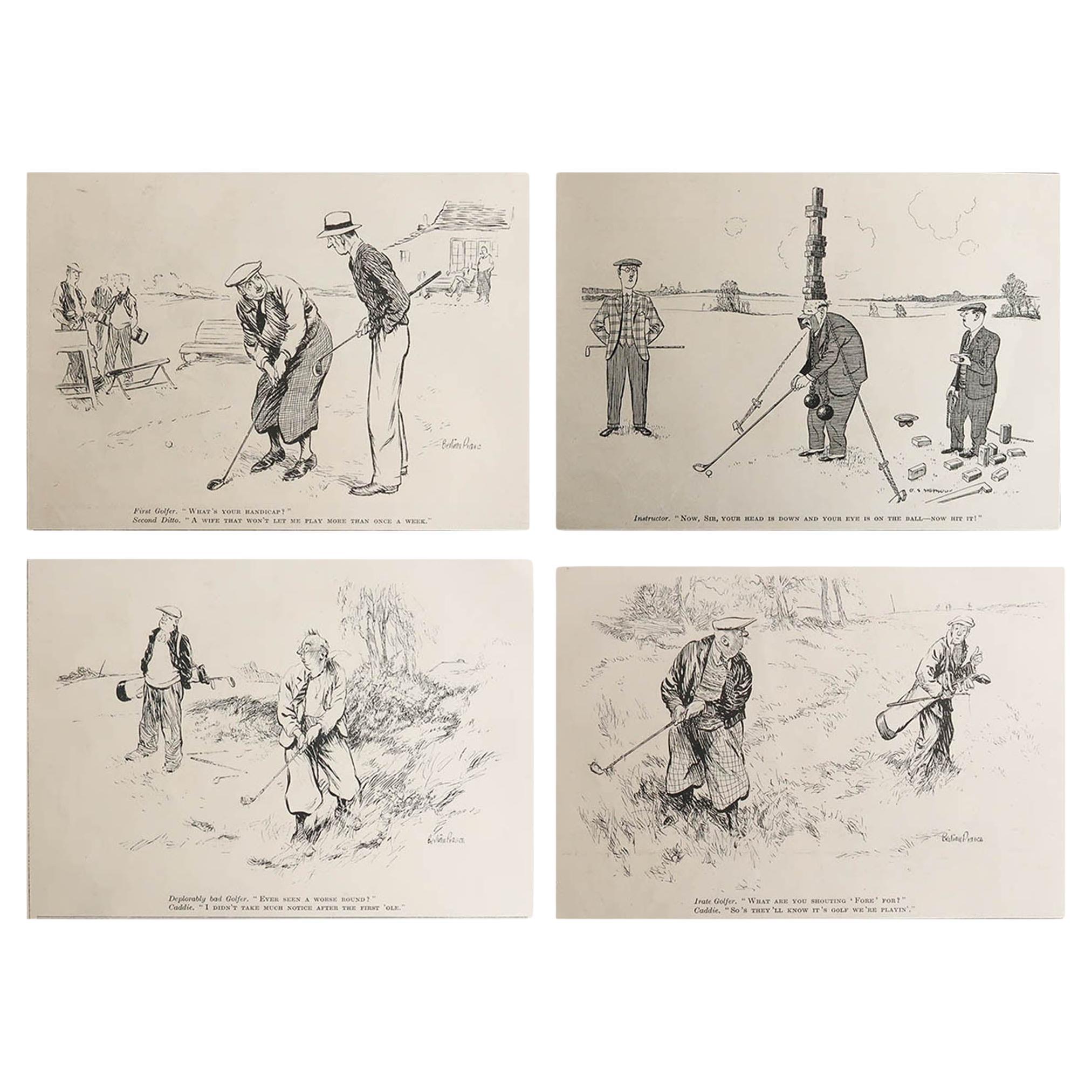 Set of 4 Original Vintage Prints of Cartoons Golf Related. 1934 For Sale