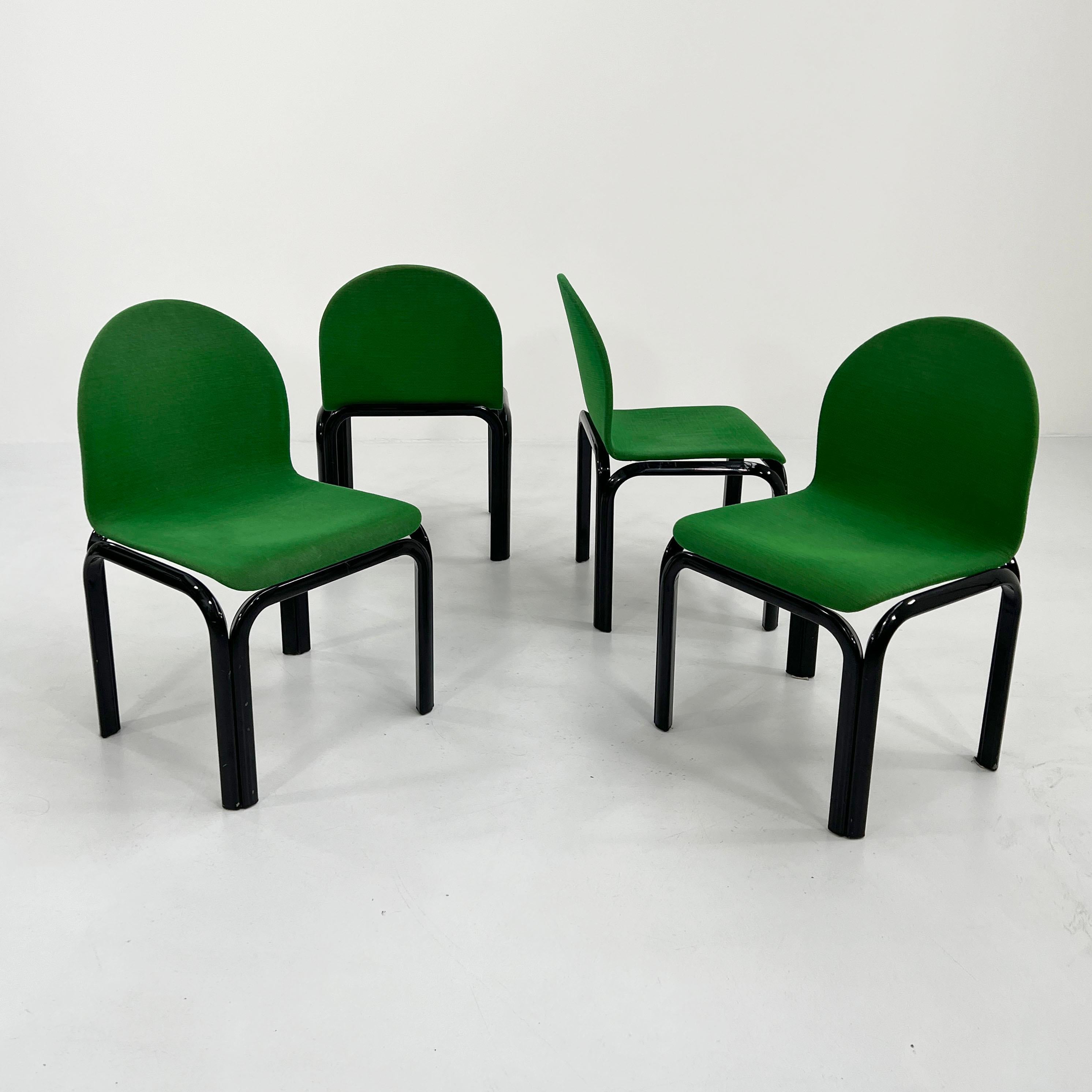 Designer - Gae Aulenti
Producer - Knoll
Model - Orsay Dining Chairs
Design Period - Seventies 
Measurements - Width 57 cm x Depth 47 cm x Height 83 cm x Seat Height 45 cm
Materials - Metal, Fabric 
Color - Green, Black
Comments - Light wear