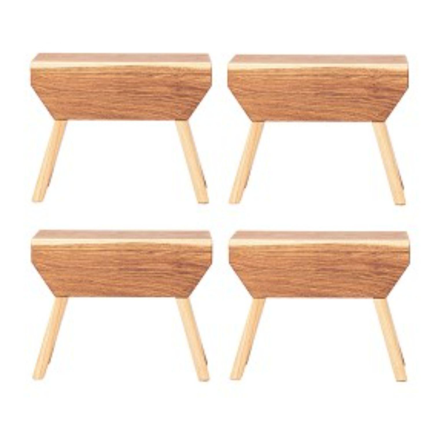 Set of 4 Oslinchik 01 low stools by Oito
Dimensions: D 21 x W 38 x H 30 cm
Materials: Oak wood, wax or paint.
Weight: 4 kg
Also available in different colours.

Wooden stools are a trend for environmental friendliness and home comfort. We try