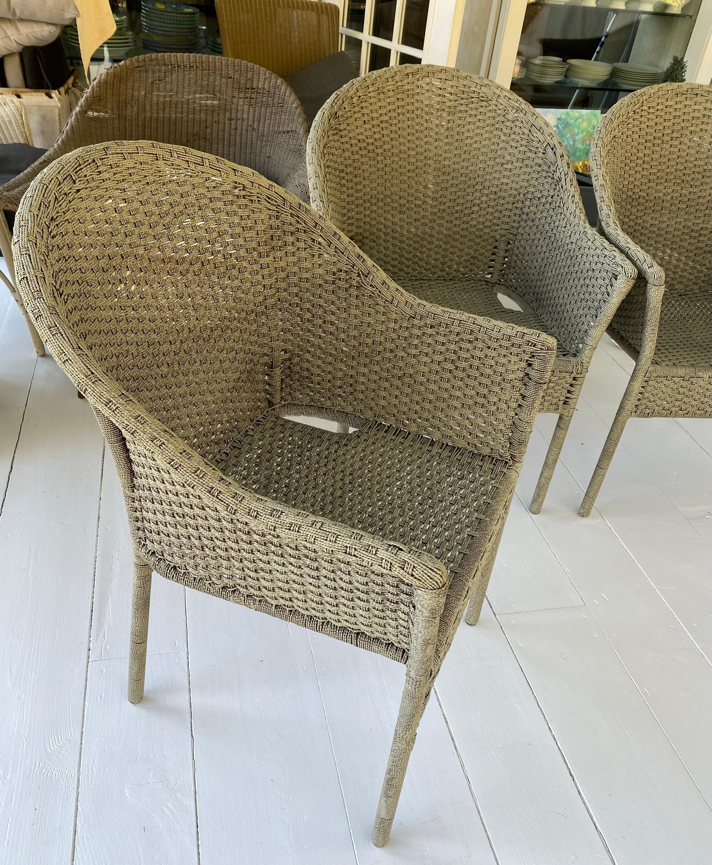 American Set of 4 Outdoor Garden Woven Dining Arm Chairs For Sale