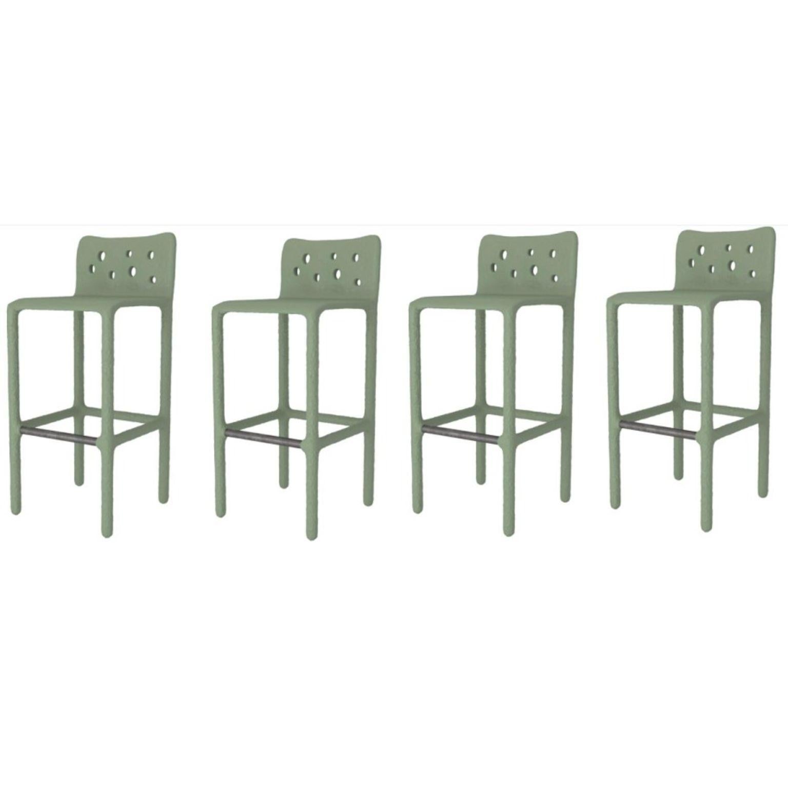 Set of 4 outdoor green sculpted contemporary chairs by Faina.
Design: Victoriya Yakusha.
Material: steel, flax rubber, biopolymer, cellulose.
Dimensions: height: 106 x width: 45 x sitting place width: 49 legs height: 80 cm
Weight: 20 kilos.
Outdoot