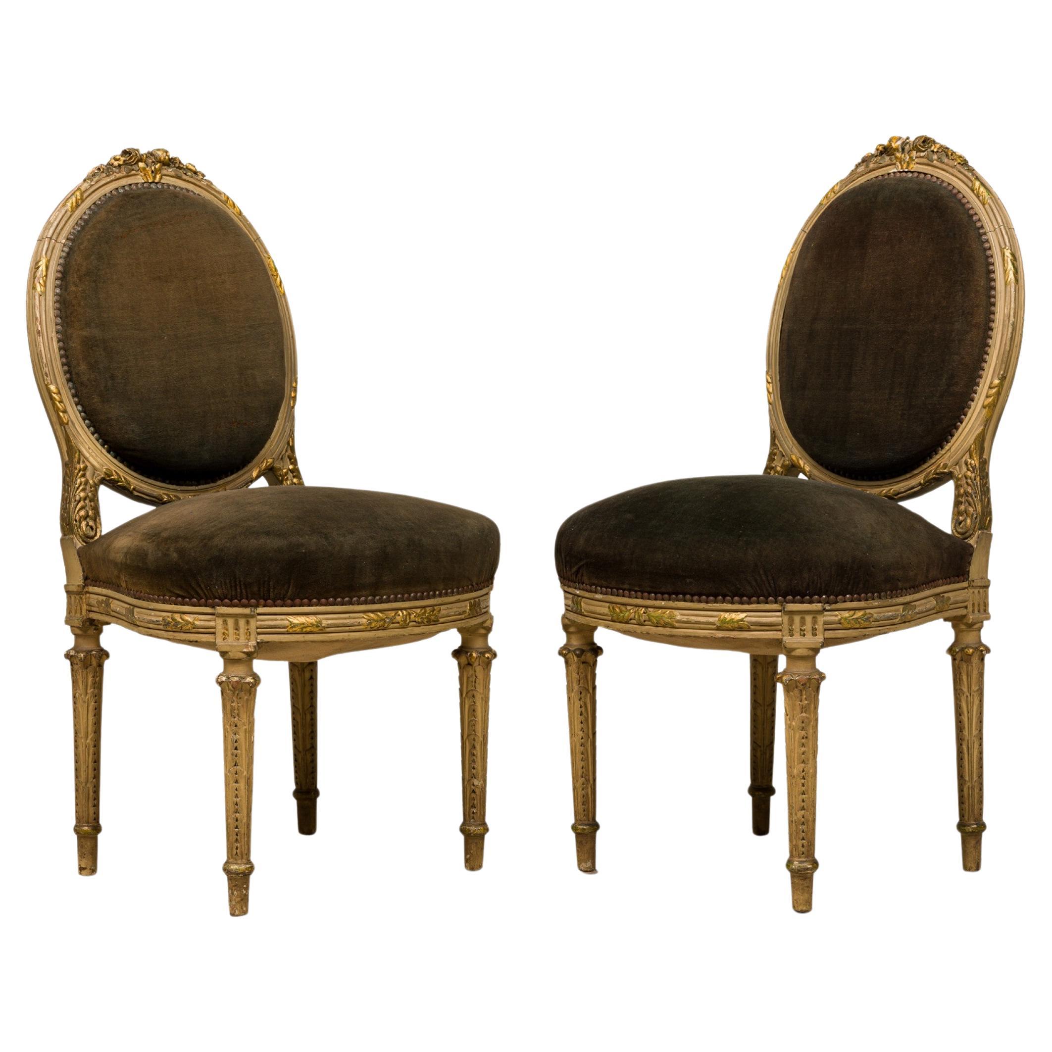 Set of 4 Oval Back Carved Wood Green Velvet Upholstered Dining Side Chairs