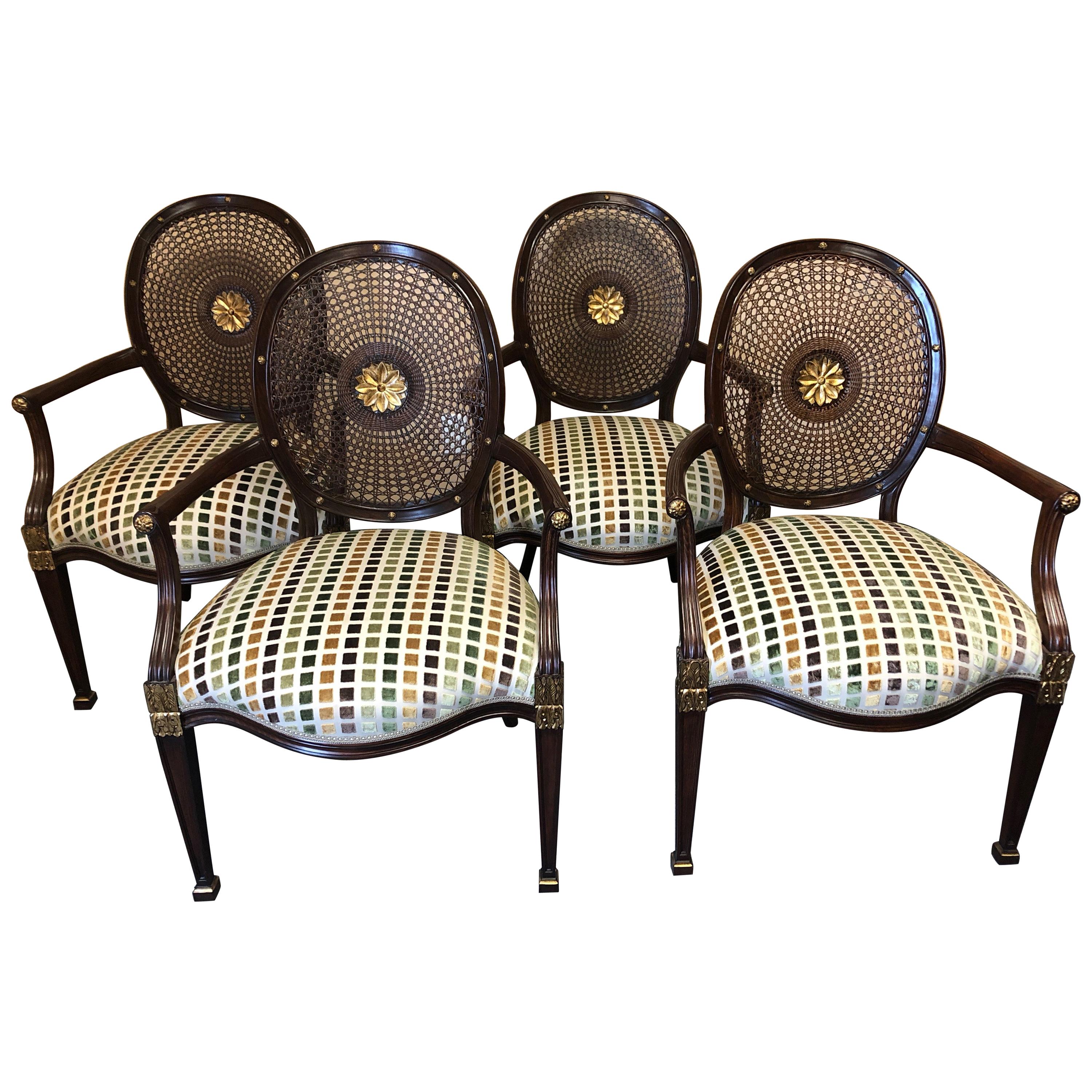 Set of 4 Oval Caned Back Regency Style Arm or Dining Chairs with Gilded Details