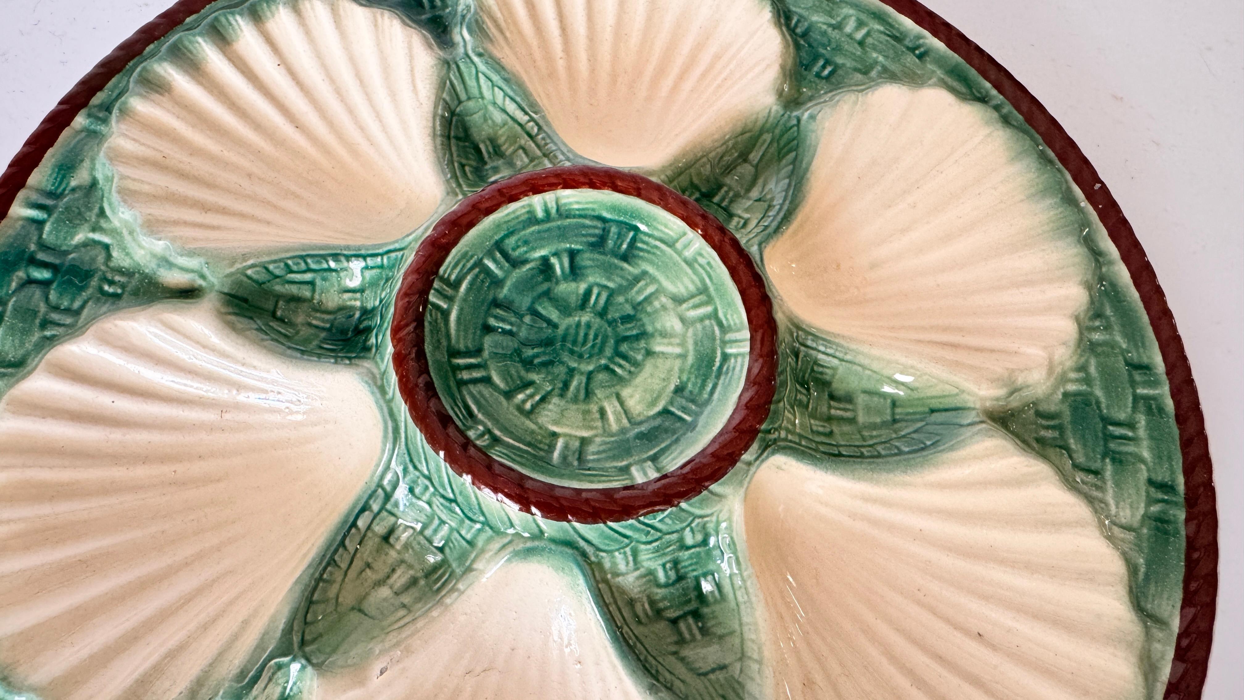 Set of 4 Oyster Plates – Majolica, 19th Century – Green, White & Brown Glaze In Good Condition For Sale In Auribeau sur Siagne, FR