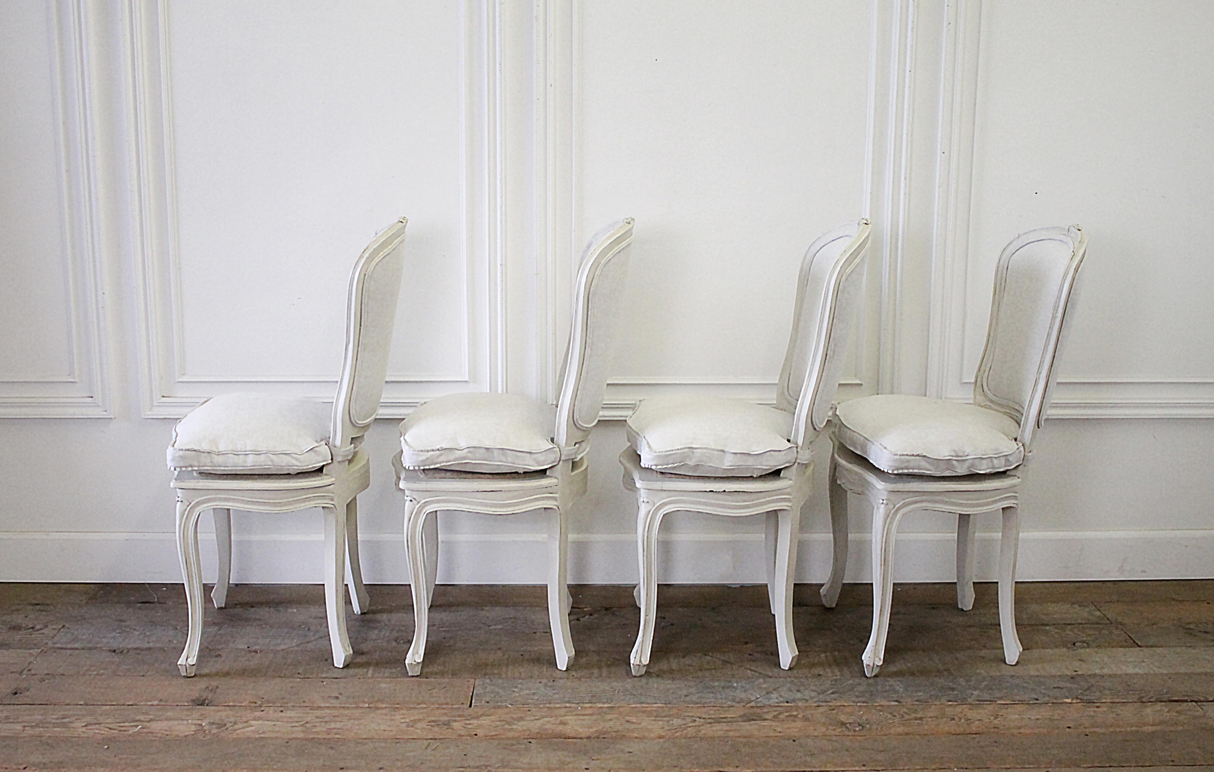 European Set of 4 Painted and Upholstered Linen Louis XV Style Dining Chairs