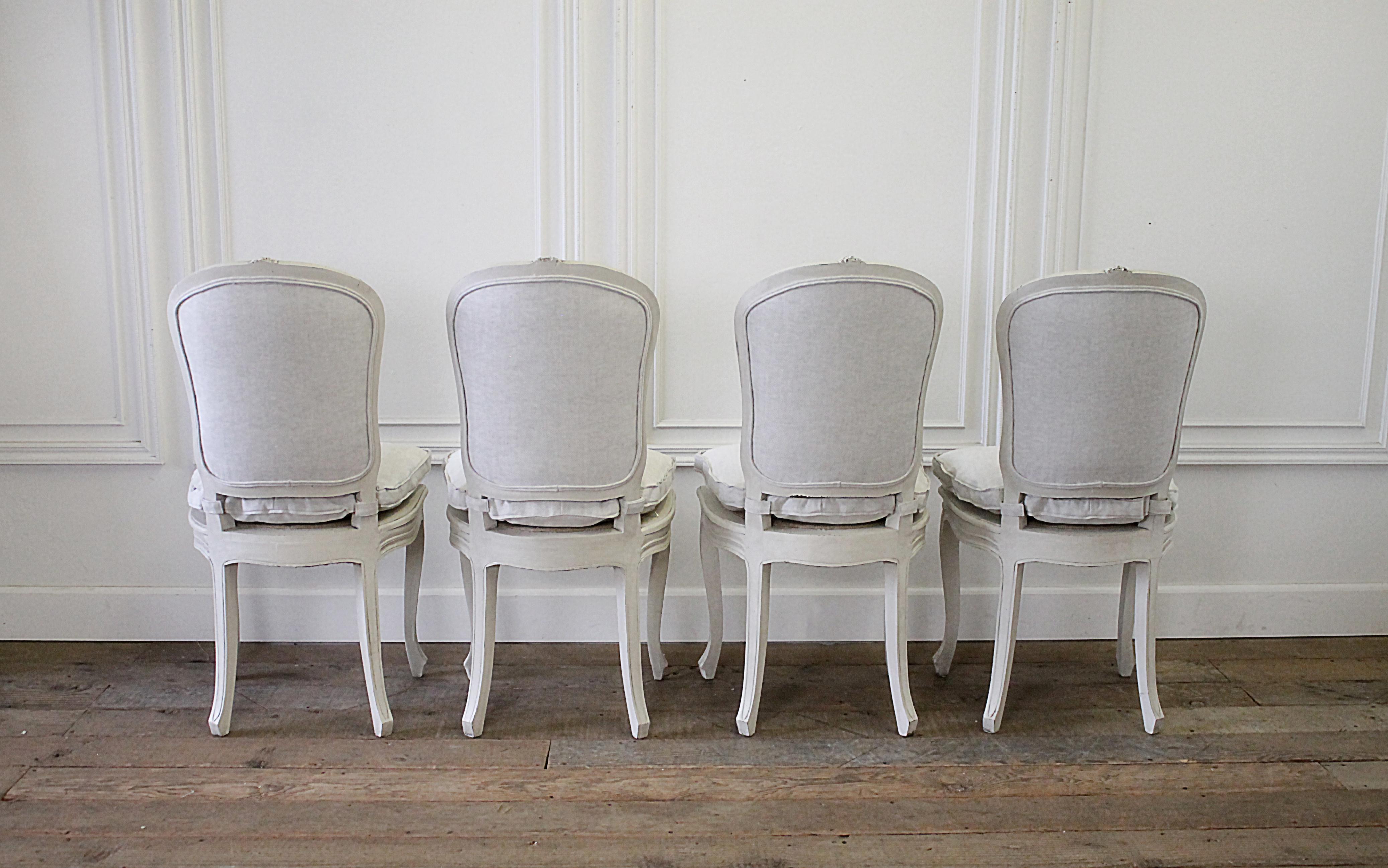 Set of 4 Painted and Upholstered Linen Louis XV Style Dining Chairs In Good Condition In Brea, CA