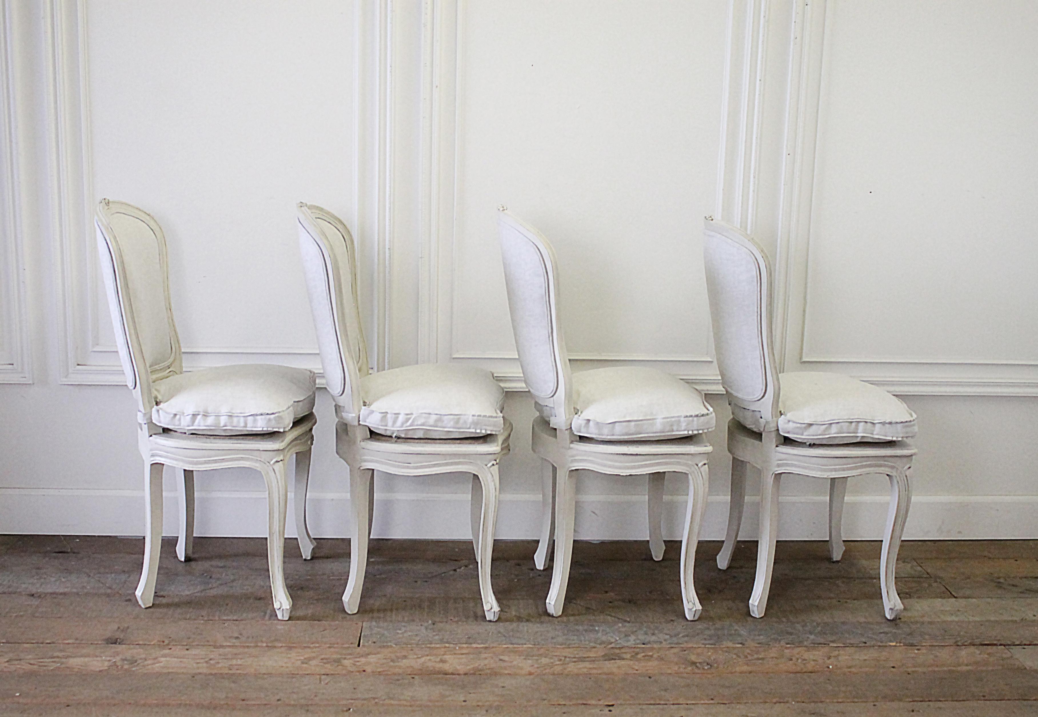 20th Century Set of 4 Painted and Upholstered Linen Louis XV Style Dining Chairs