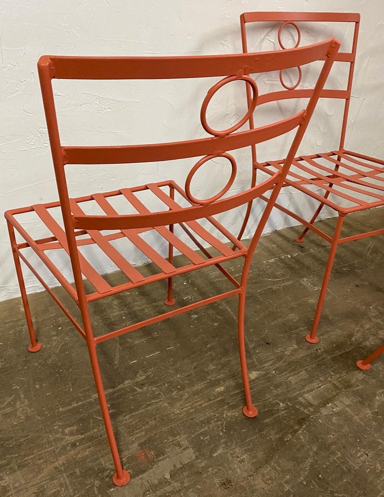 Set of 4 vintage metal garden dining chairs consisting of 3 side chairs and one arm chair. Great for patio, porch or garden dining chairs.
Pair of similar arm chairs is available to add to the 4 if 6 chairs are needed.
Dimension given is for