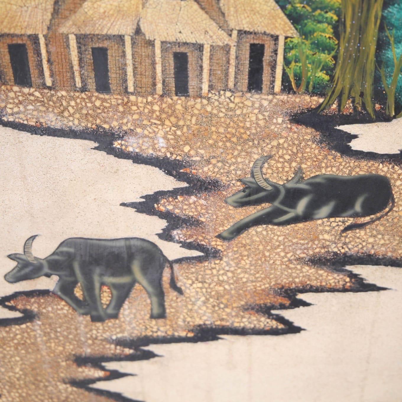 Conjunto muy decorativo de 4 paneles murales vintage vietnamitas pintados.
Escenas de la vida vietnamita hechas con arena, piedras, cáscaras de huevo y pintura.
Firmado. Buen estado. Raro.