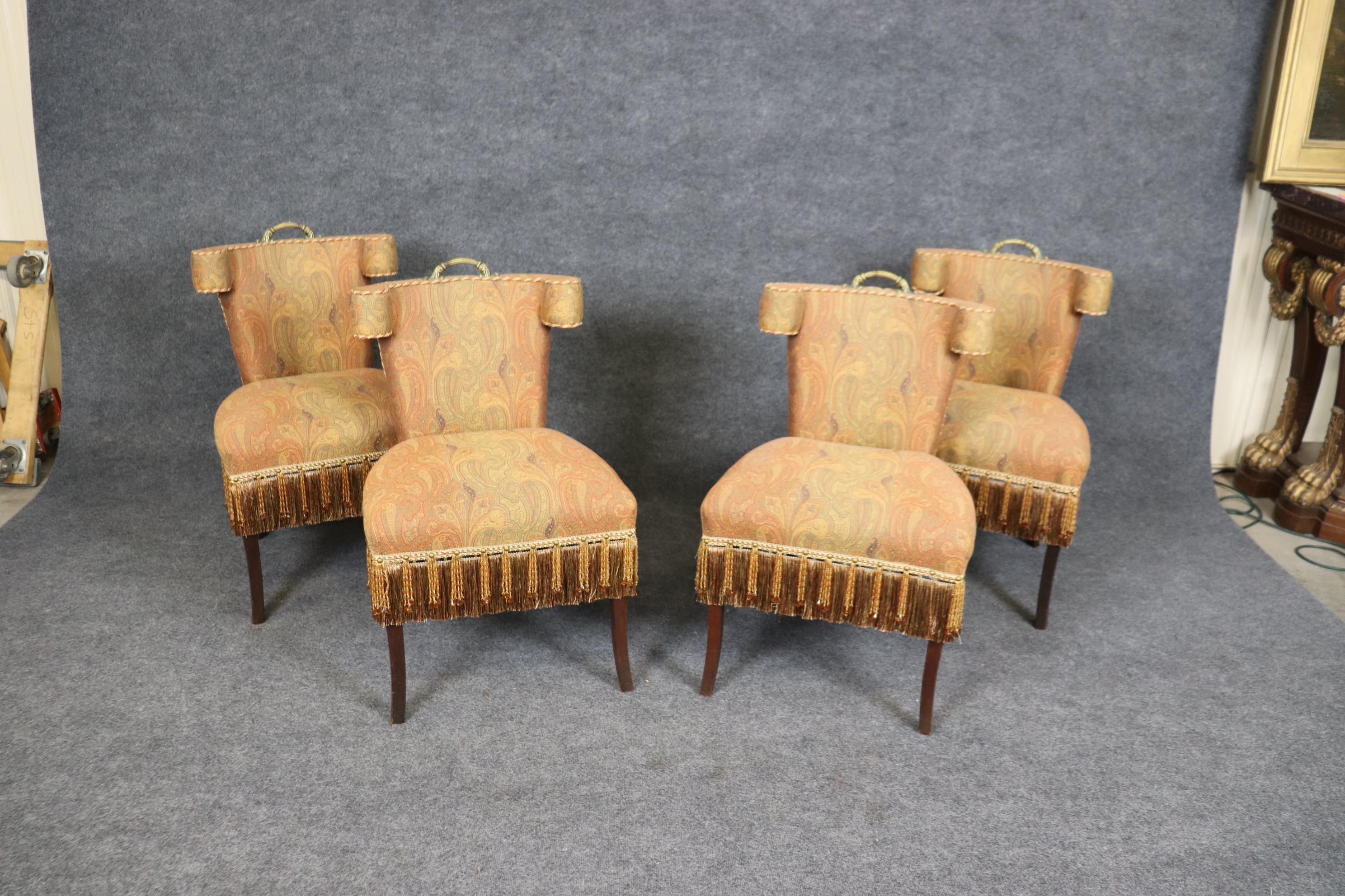 Set of 4 Paisley Upholstered Bronze Handled French Klismos Style Dining Side Cha In Good Condition For Sale In Swedesboro, NJ