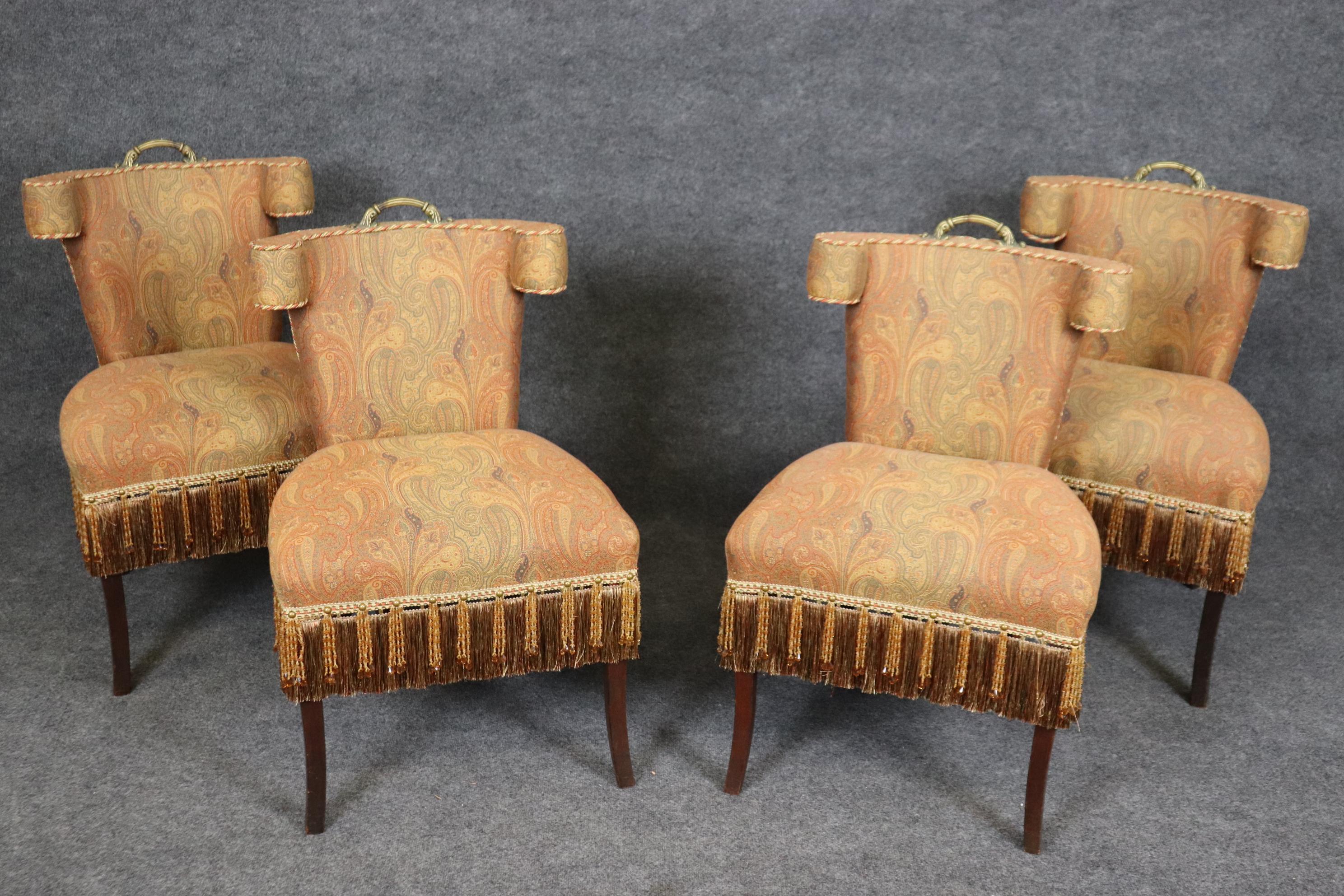 Mid-20th Century Set of 4 Paisley Upholstered Bronze Handled French Klismos Style Dining Side Cha For Sale