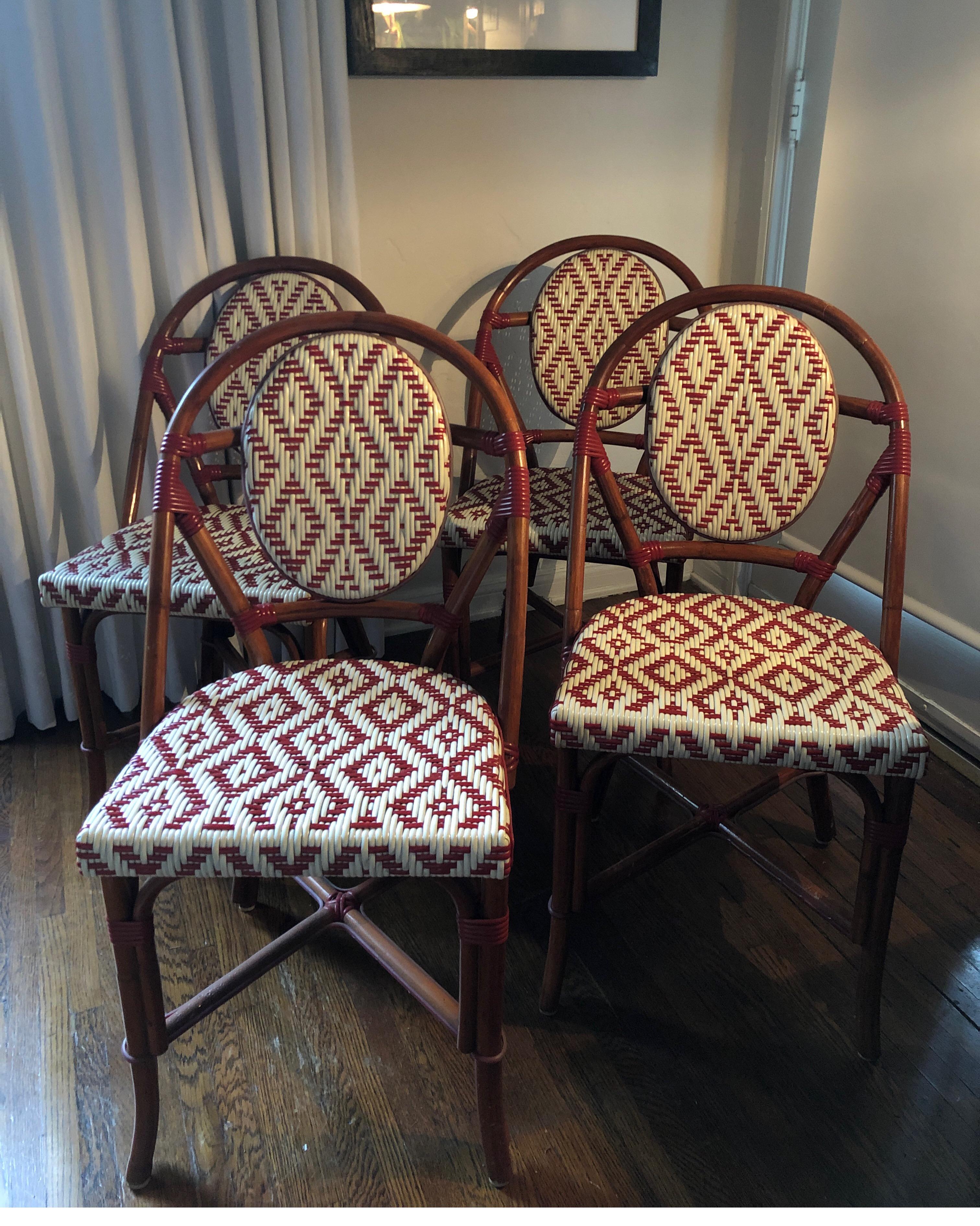Resin Set of 4 Palecek Rattan French Bistro Chairs, Red and White