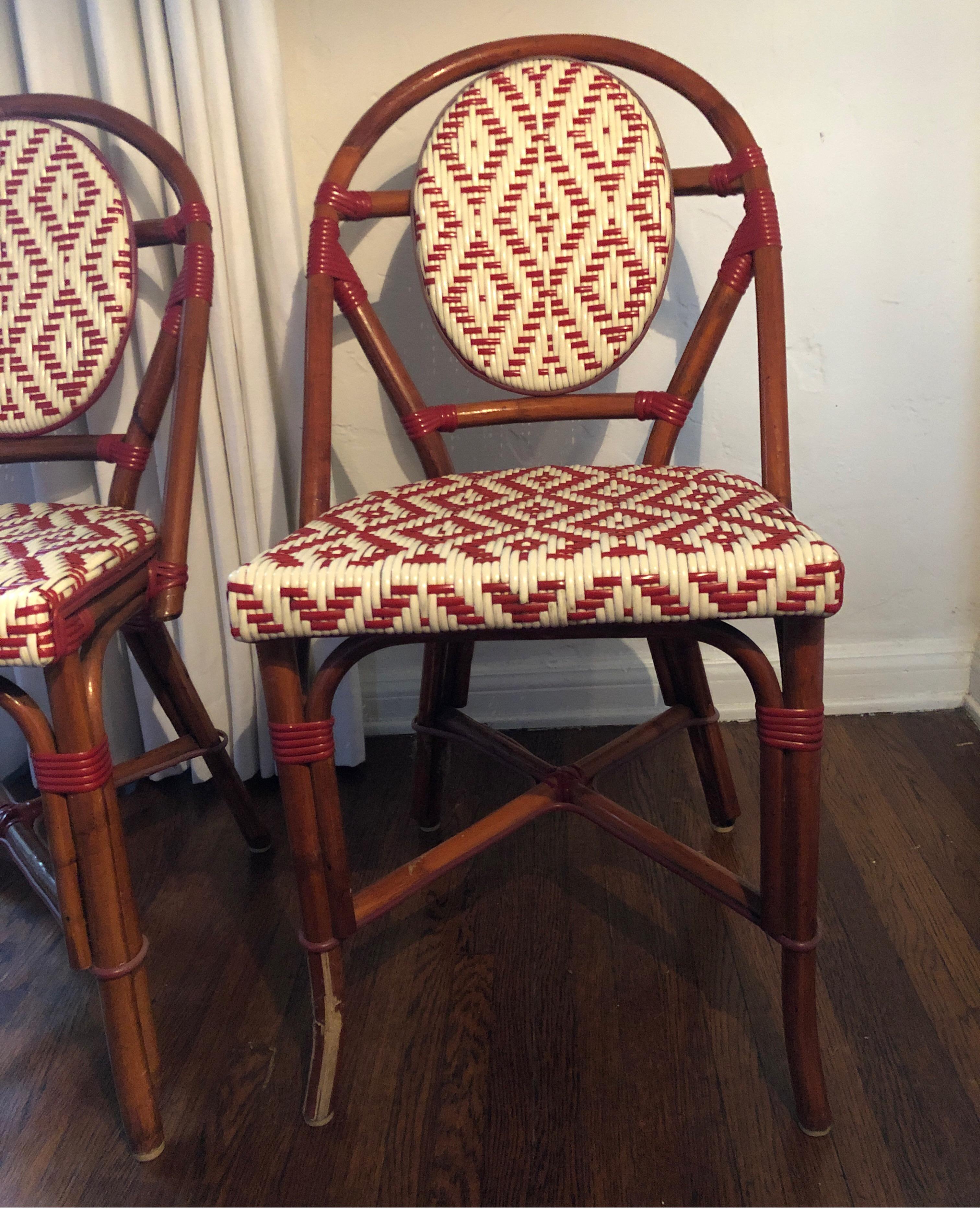 French Provincial Set of 4 Palecek Rattan French Bistro Chairs, Red and White