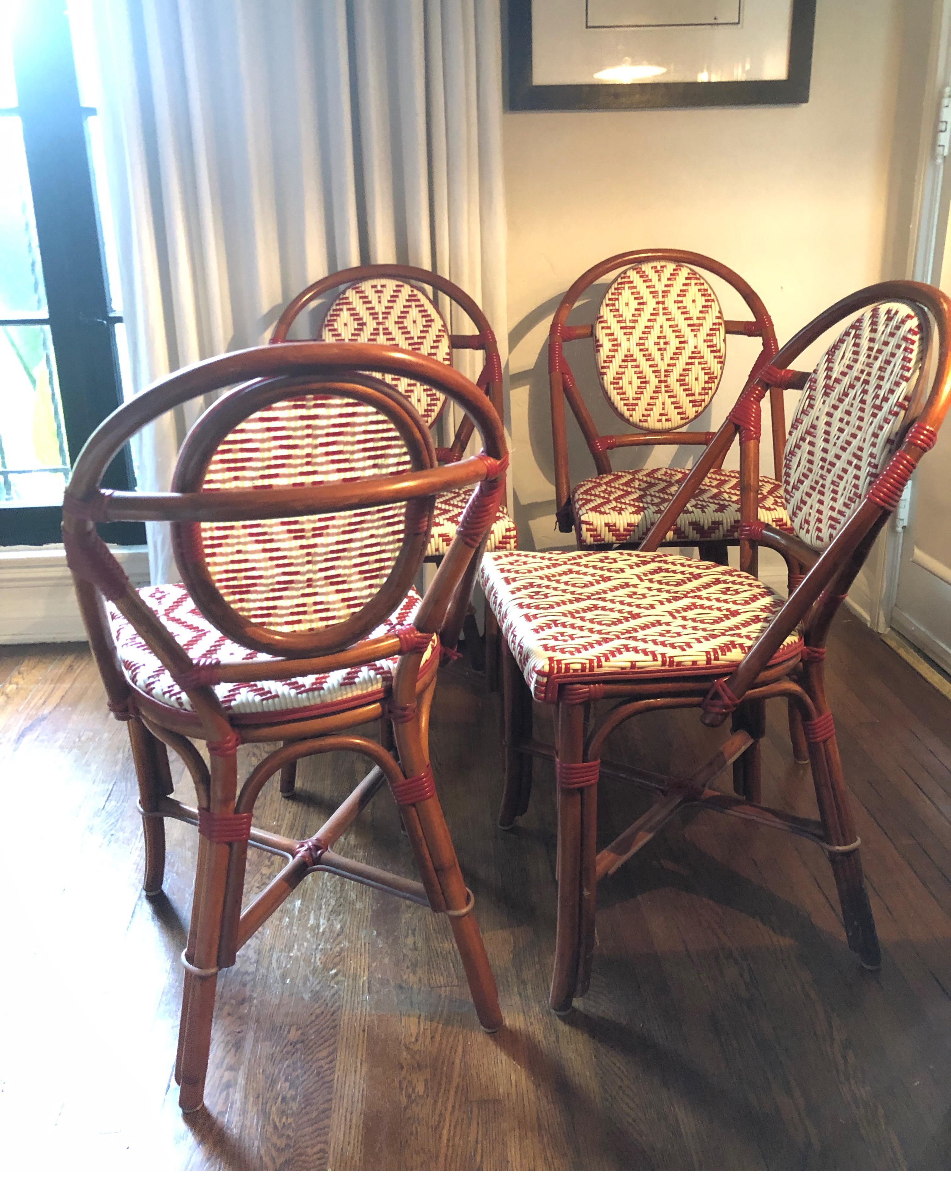 Hand-Woven Set of 4 Palecek Rattan French Bistro Chairs, Red and White