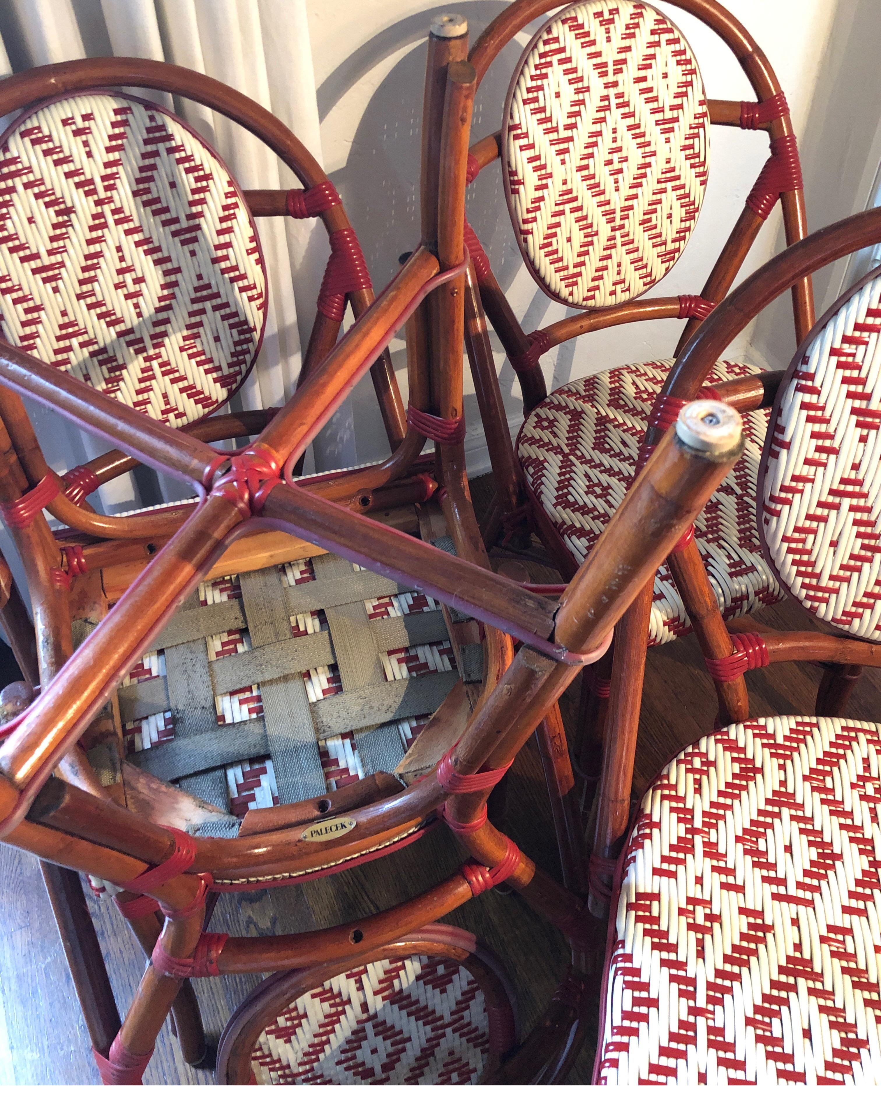 20th Century Set of 4 Palecek Rattan French Bistro Chairs, Red and White
