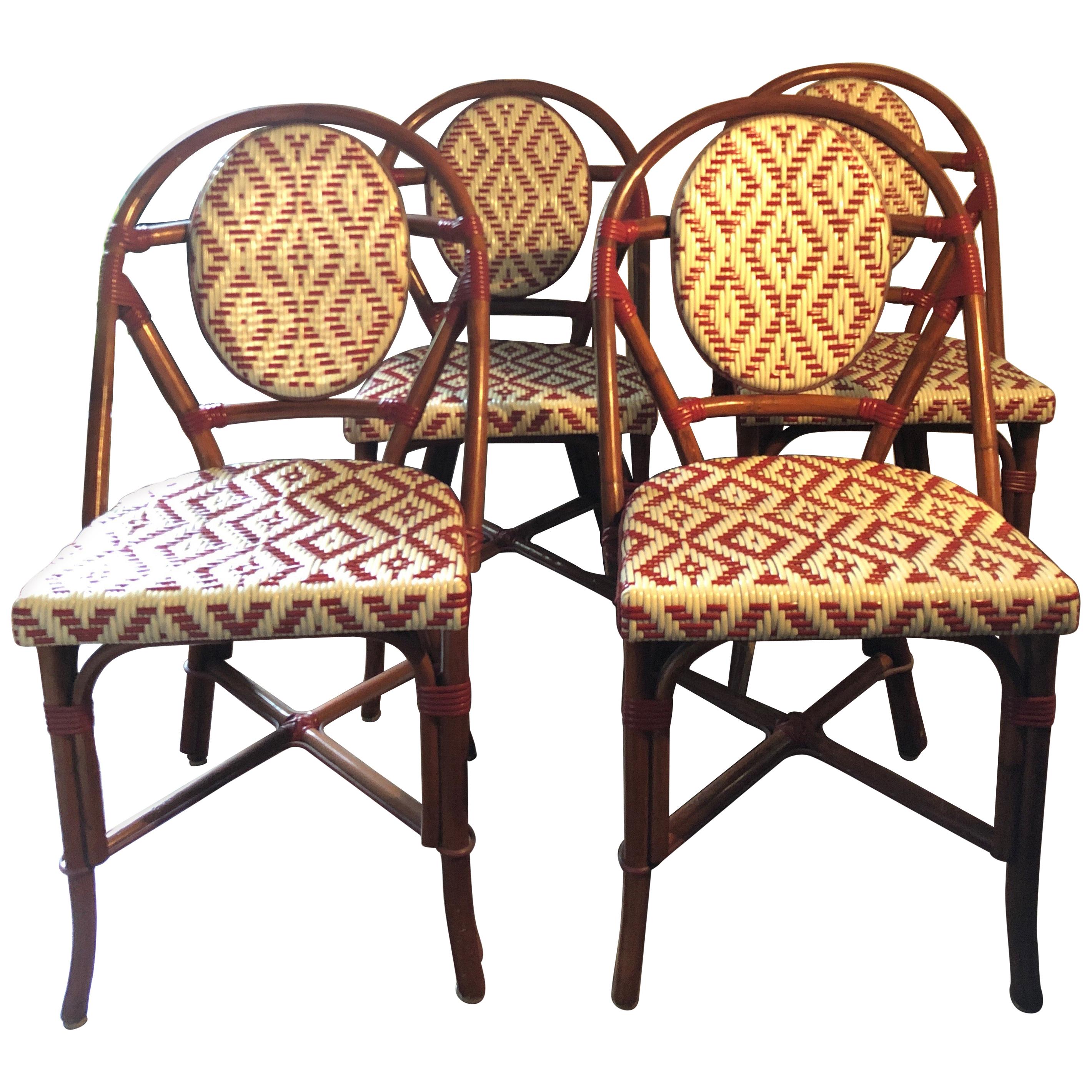 Set of 4 Palecek Rattan French Bistro Chairs, Red and White