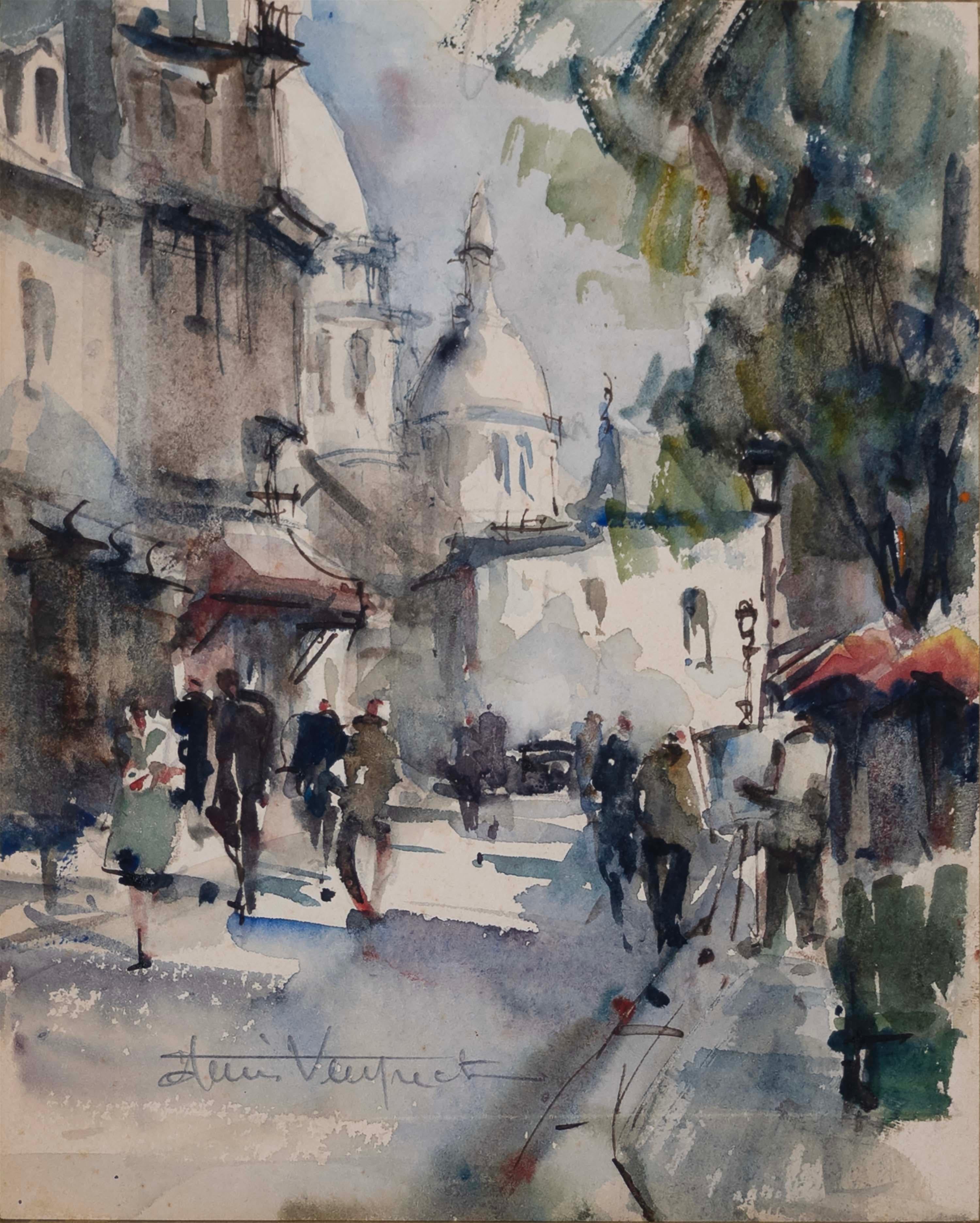 Set of 4 Parisian Original Antique Vintage Watercolor on Paper Signed Framed 60s For Sale at 1stDibs