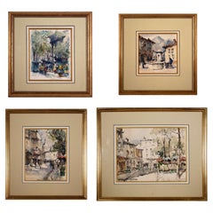 Ensemble de 4 aquarelles sur papier vintage d'origine parisienne, signées et encadrées, années 60