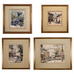 Set of 4 Parisian Original Antique Vintage Watercolor on Paper Signed Framed 60s