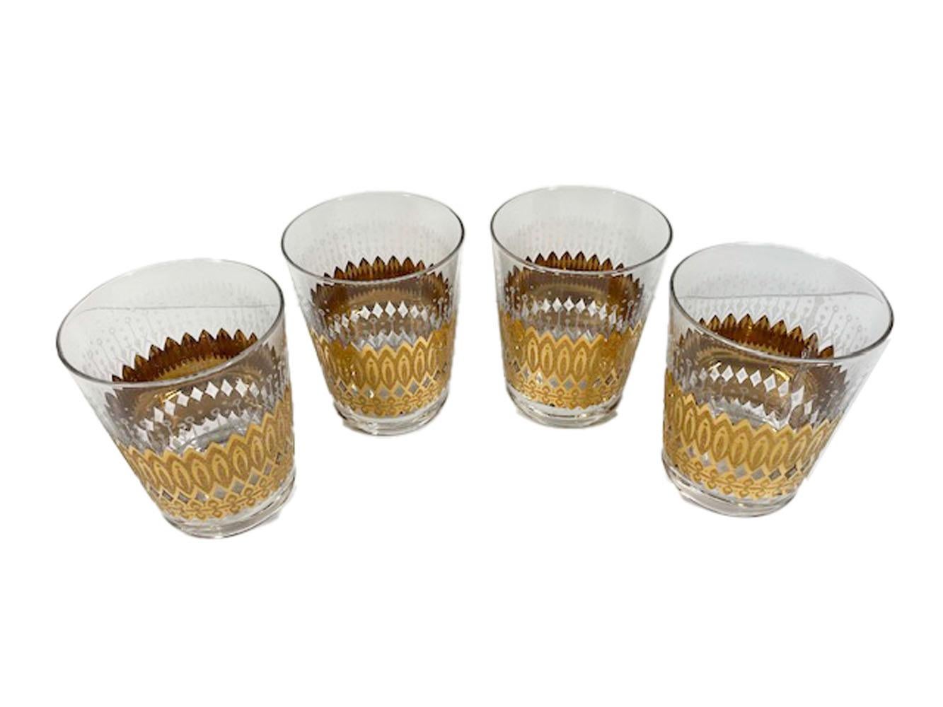 Mid-Century Modern Ensemble de 4 verres Pasinski double Old Fashion à glaçure dorée et blanche 22 carats en vente