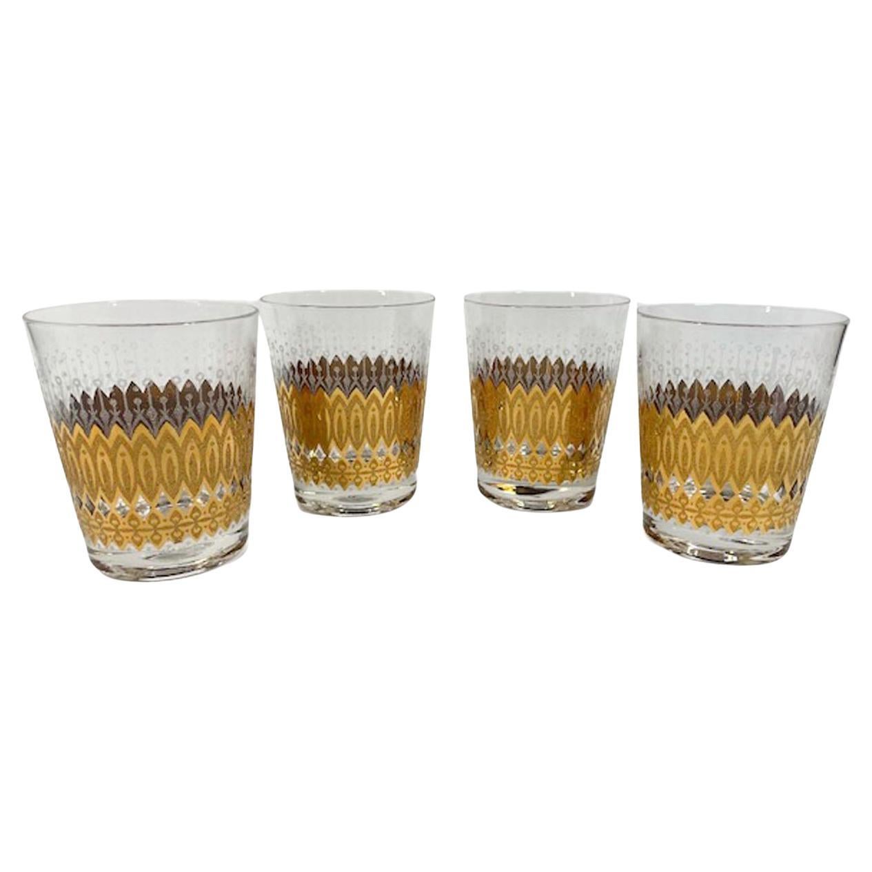 Set of 4 Pasinski Double Old Fashion Glasses with 22k Gold and White Frosting For Sale