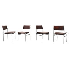 Vintage Set of 4 Pastoe Inspired Rosewood & Chrome Dining Chairs w/ Brown Velvet Seats