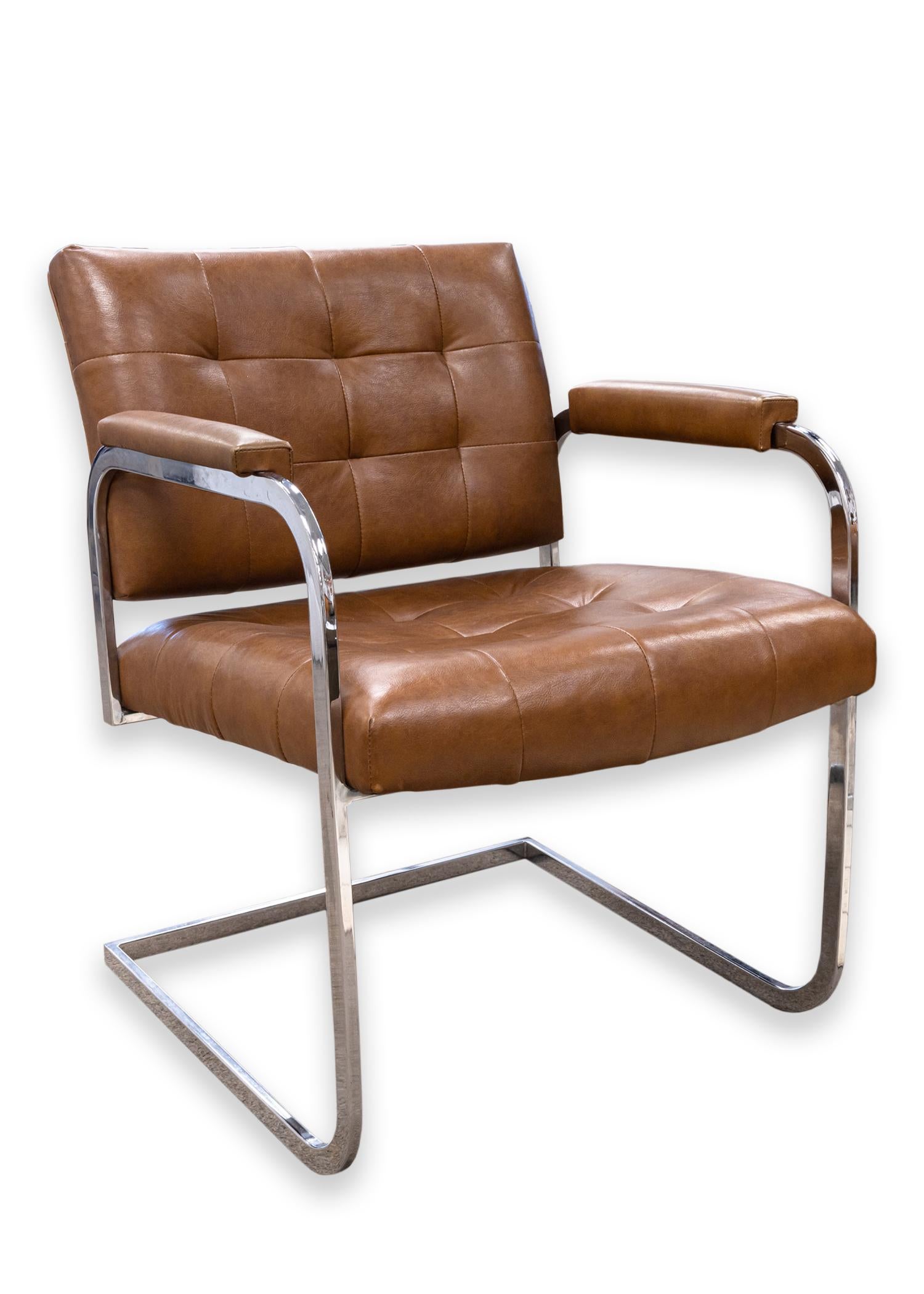 Mid-Century Modern Set of 4 Patrician Mid Century Modern Brown Leather Chrome Cantilever Chairs