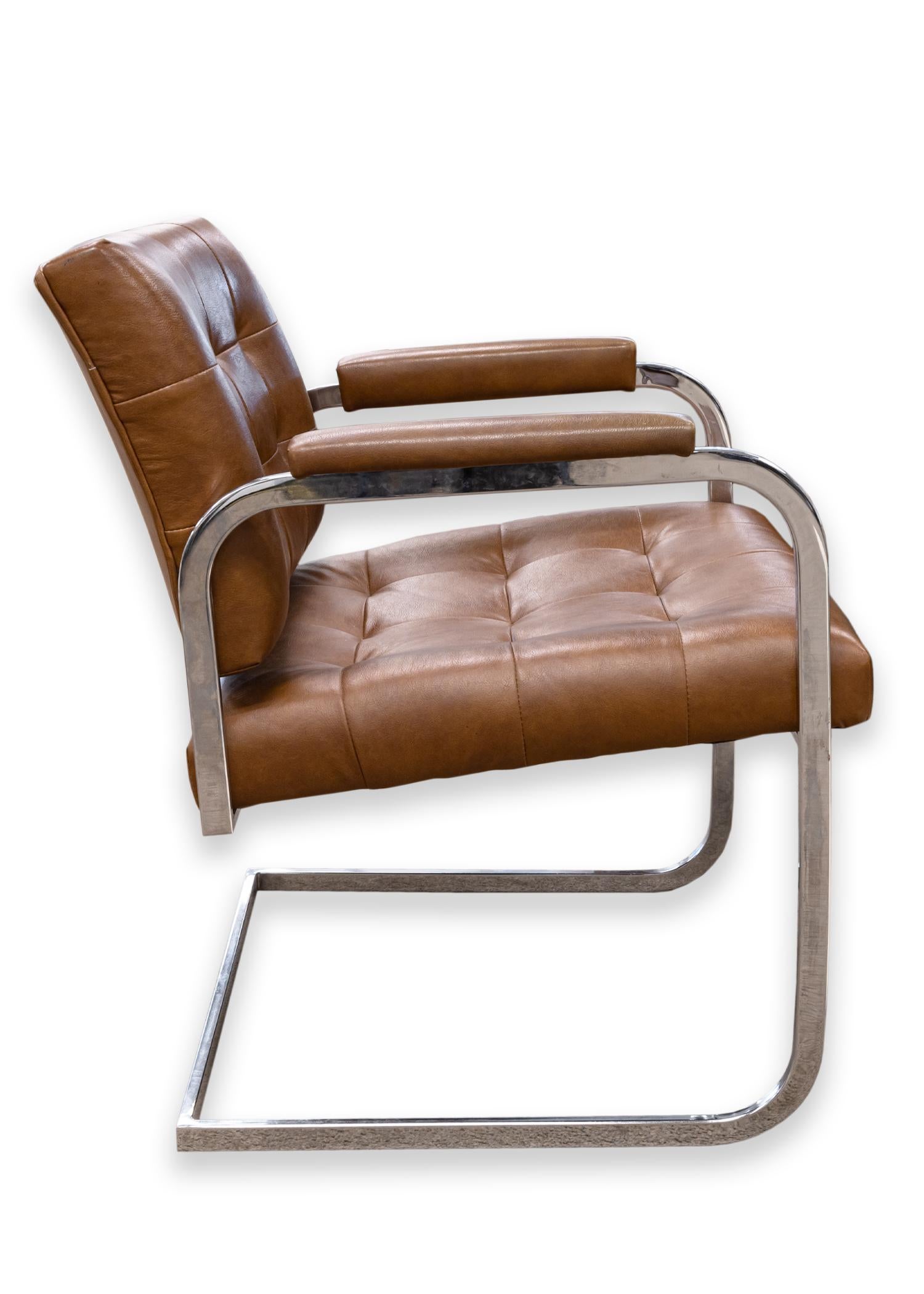 Set of 4 Patrician Mid Century Modern Brown Leather Chrome Cantilever Chairs In Good Condition In Keego Harbor, MI