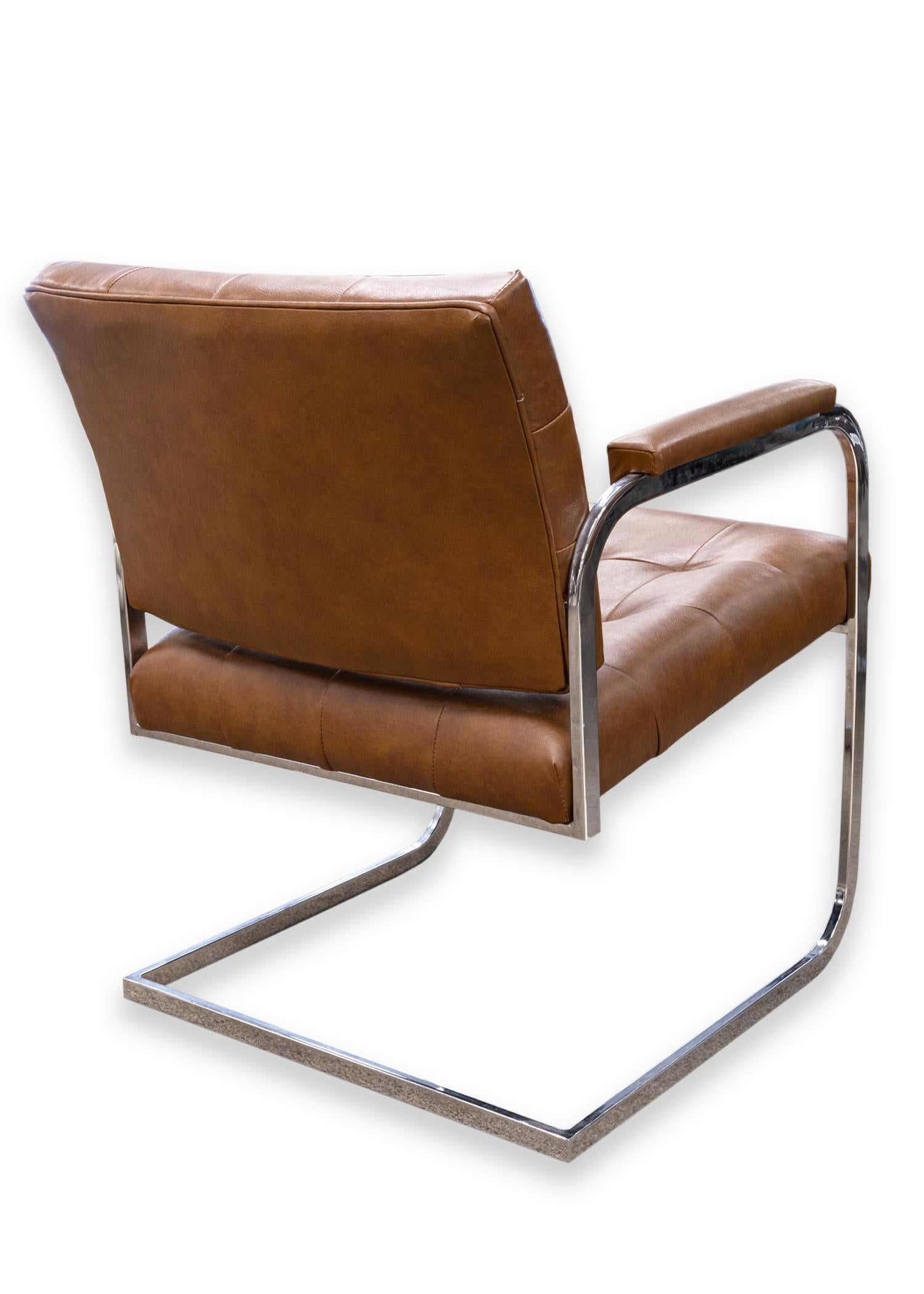 20th Century Set of 4 Patrician Mid Century Modern Brown Leather Chrome Cantilever Chairs