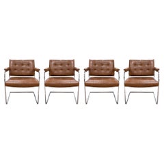 Set of 4 Patrician Mid Century Modern Brown Leather Chrome Cantilever Chairs