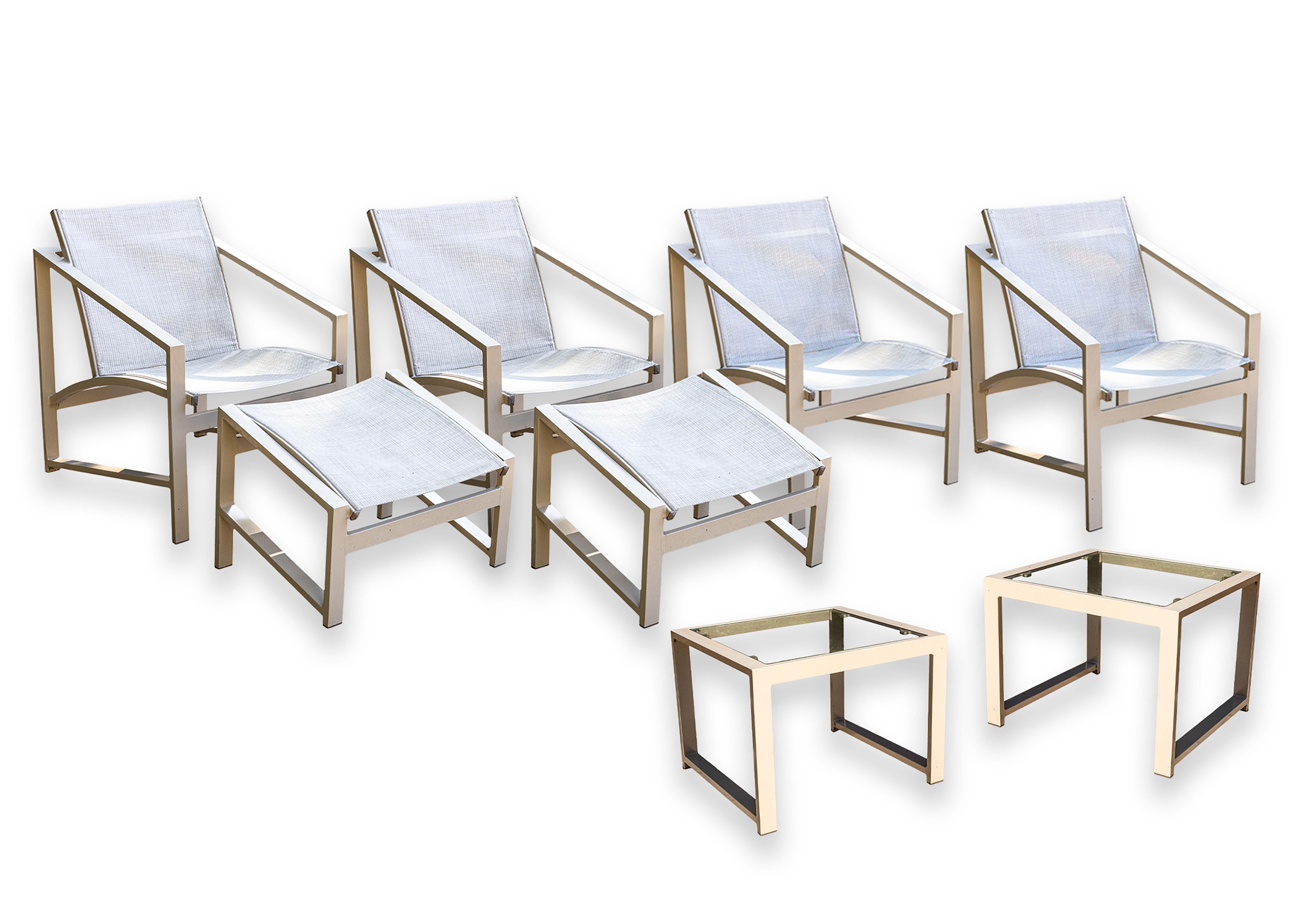 Set of 4 Pavilion Aventura Patio Armchairs with Pair of Ottomans and Side Tables For Sale 13