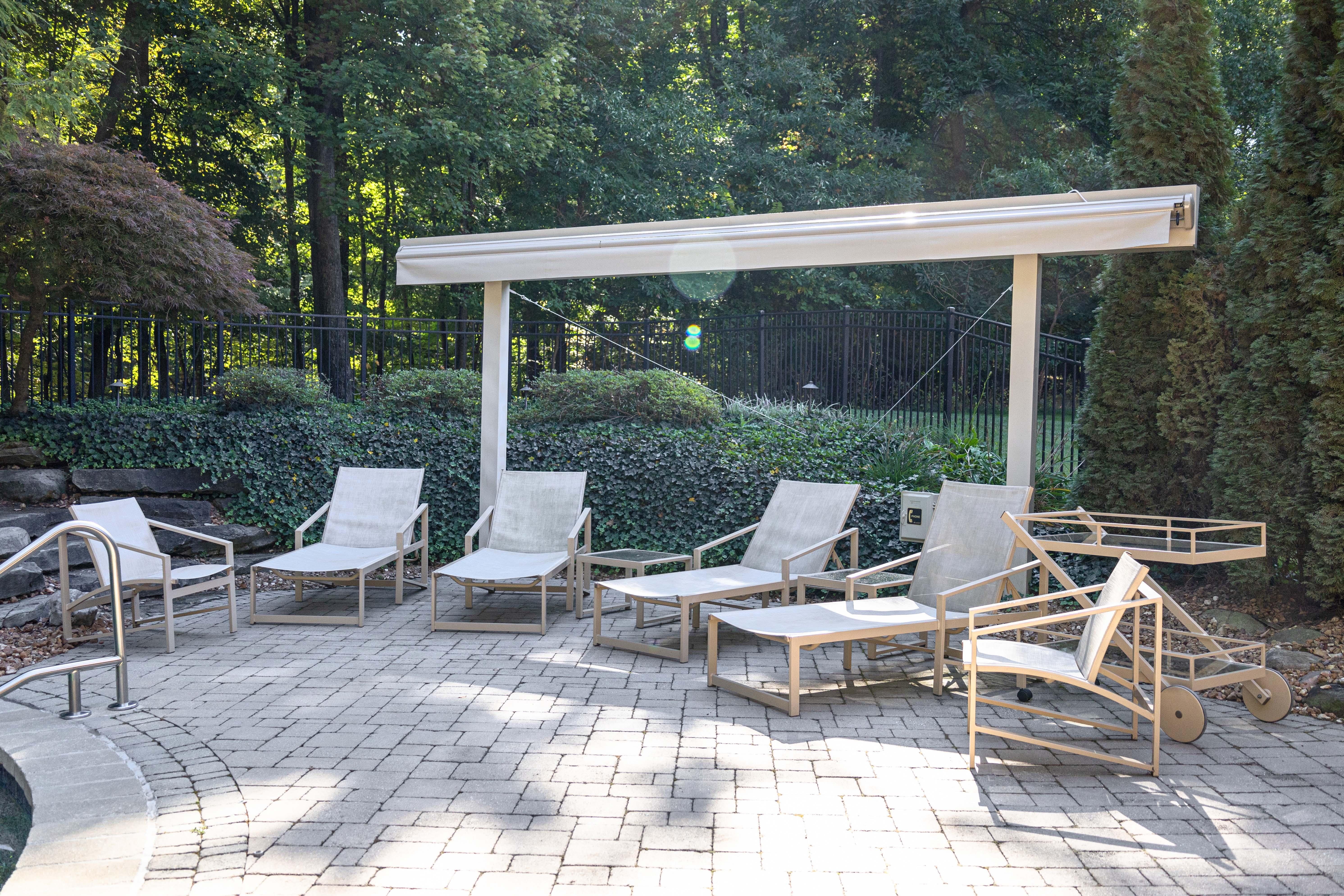 American Set of 4 Pavilion Aventura Patio Armchairs with Pair of Ottomans and Side Tables For Sale