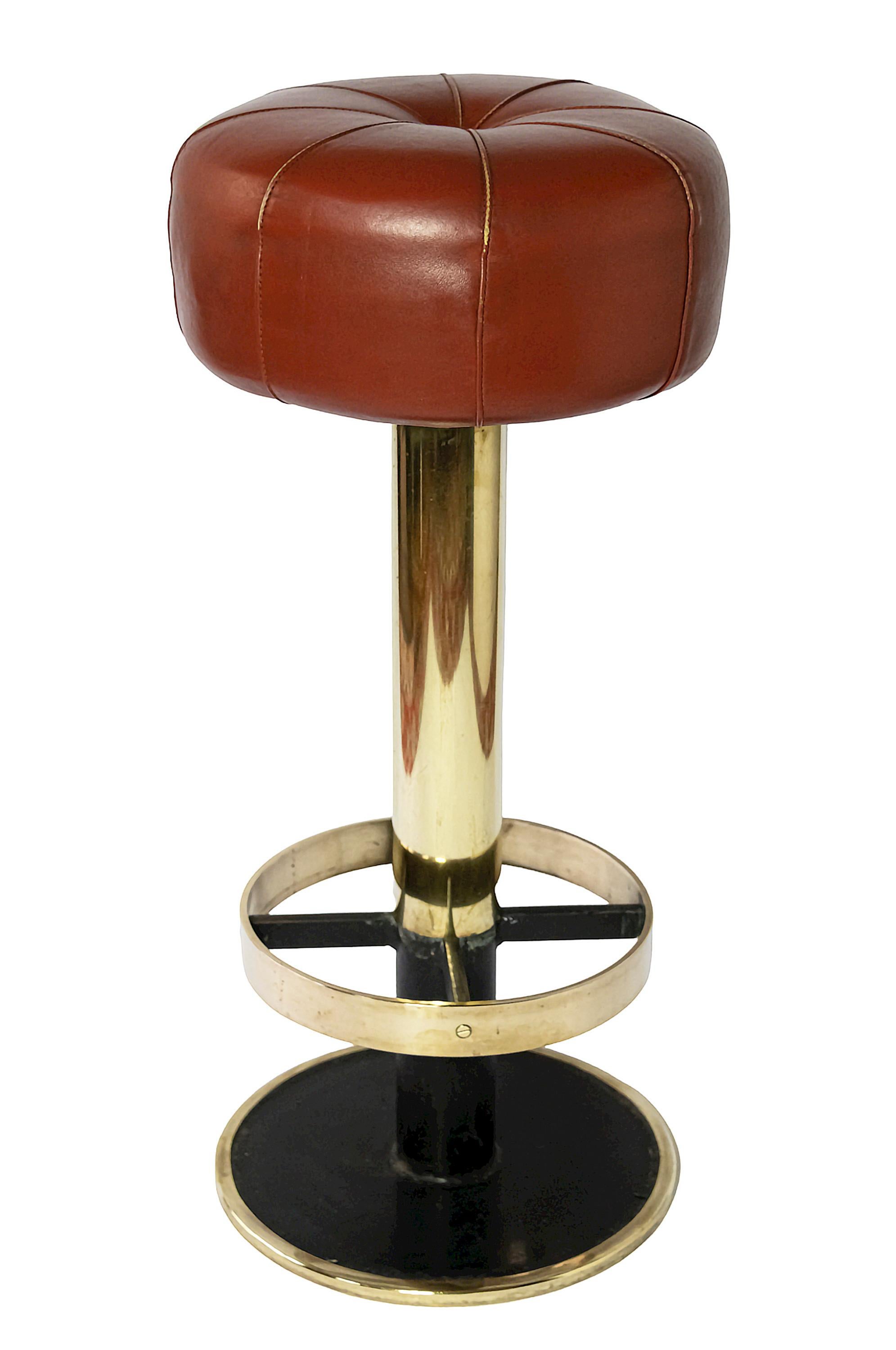 The base is made of brass and steel with ochra/brown natural leather upholstery.
Leather is in very good condition, no cracks and other defects.
Each stool weights 21 kg.
The brass is newly polished and looks very fresh and shiny.
Very good/