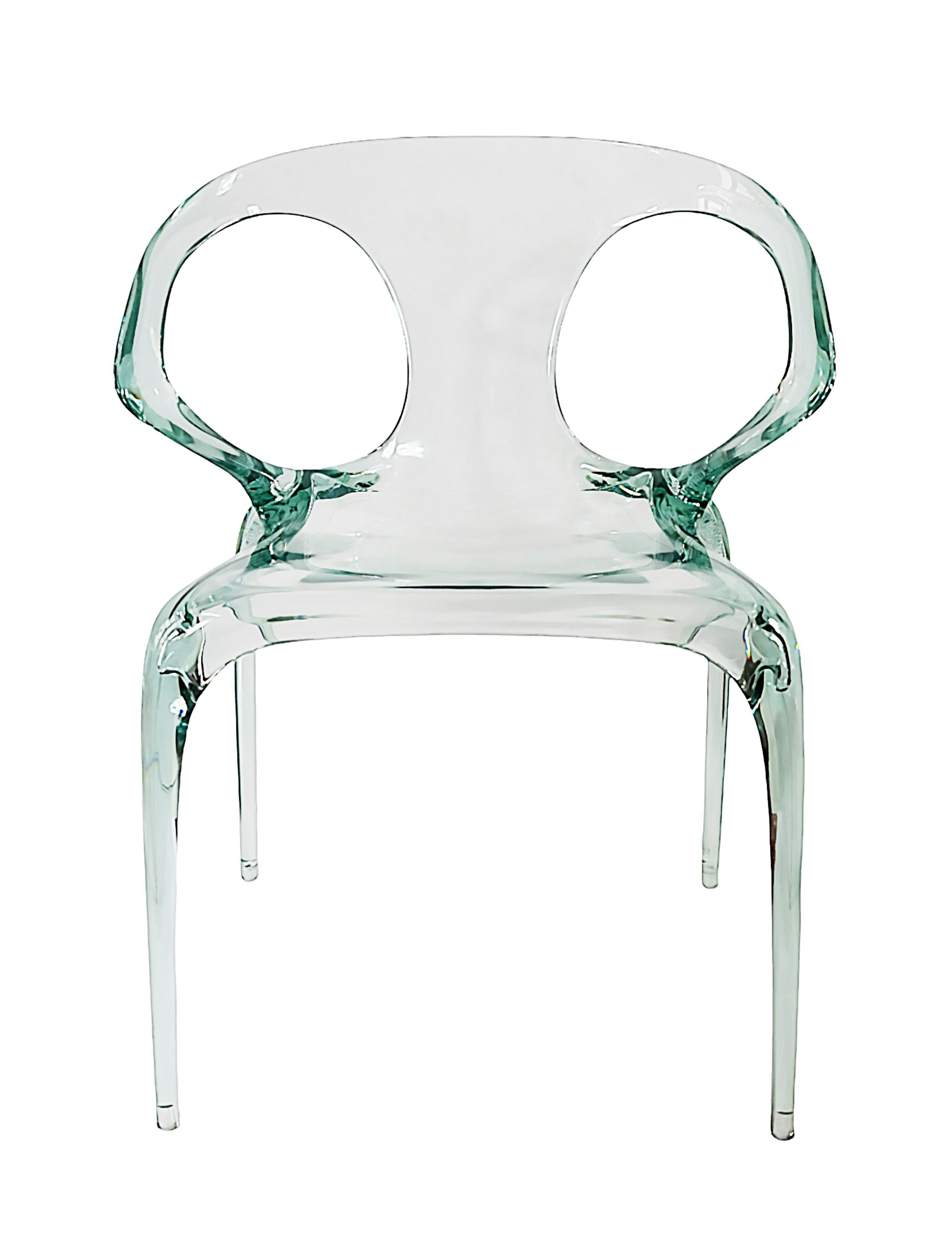 Set of 4 pcs. polycarbonate/plexiglass Roche Bobois AVA Bridge chairs designed by Song Wen Zhong.
The chairs are in green/blue/water transparent color and elegant, ergonomic design.
Excellent condition.

