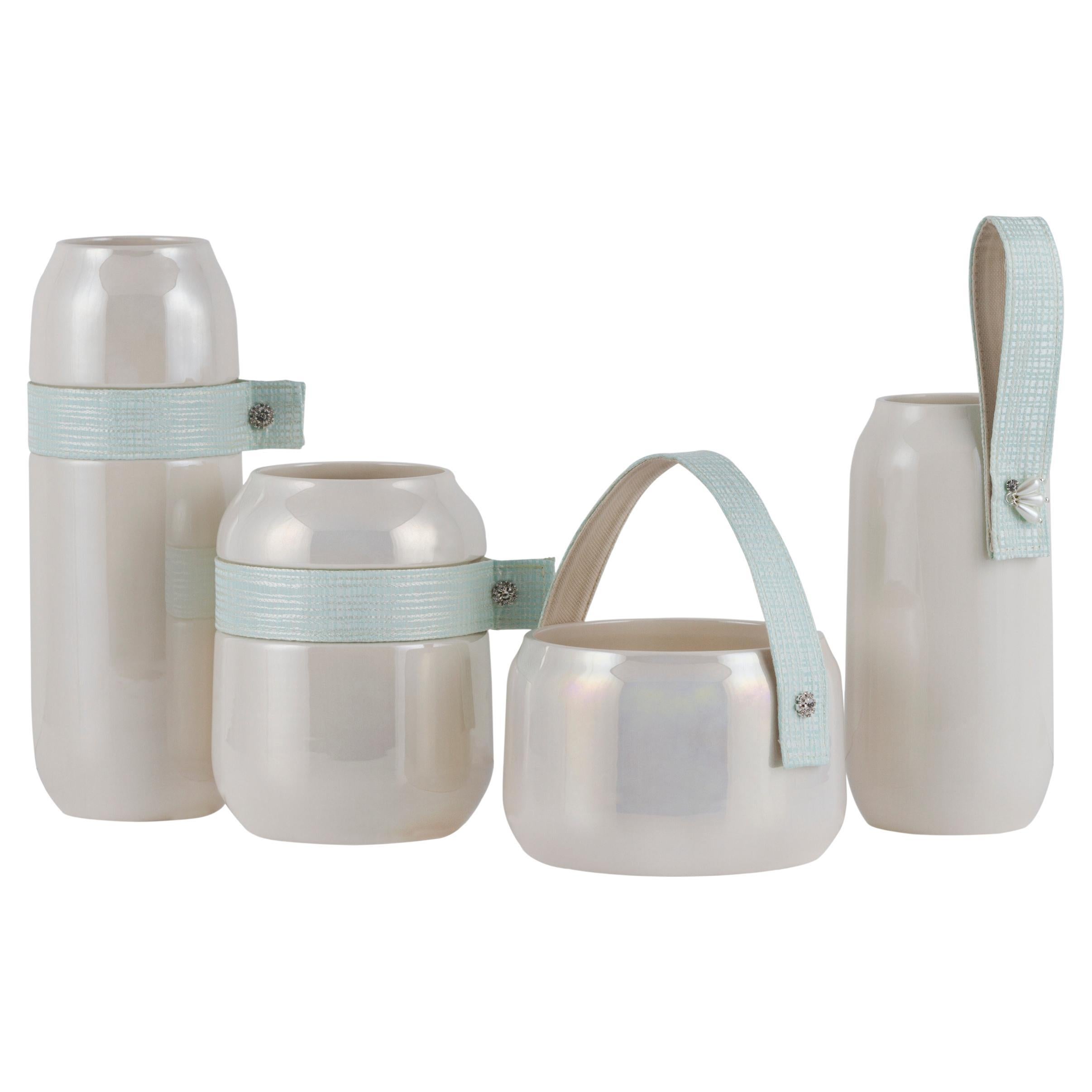 Set of 4 Pearl White Mint Ceramic Vases, Handmade in Portugal by Lusitanus Home