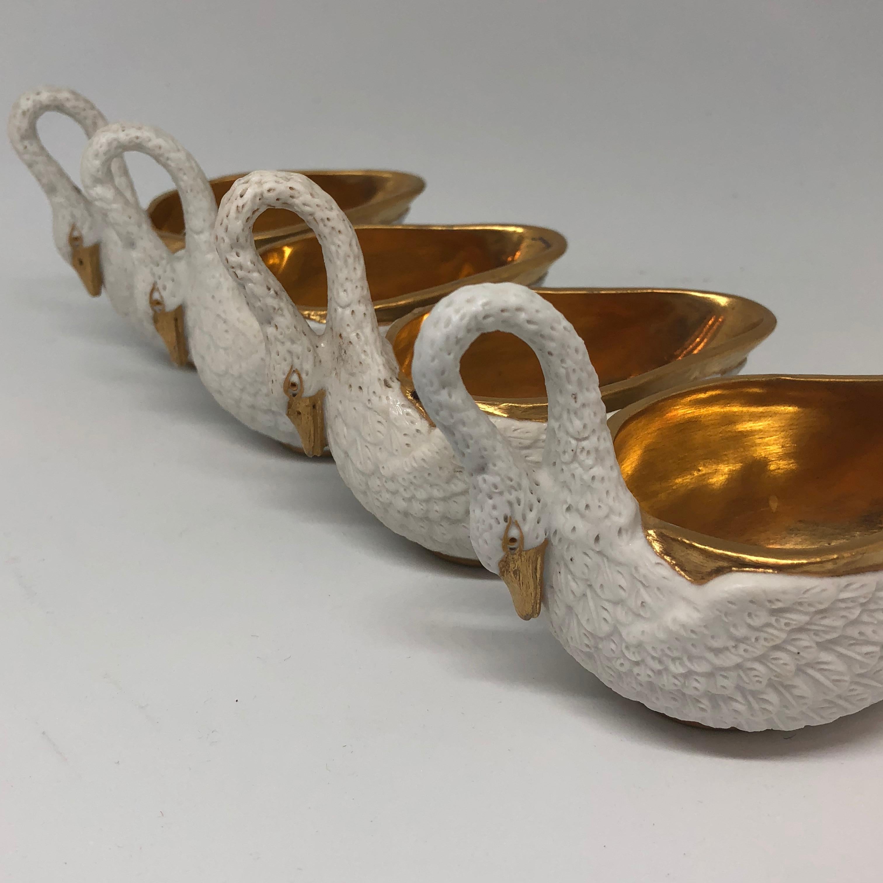 European Two Pairs of Period Empire Bisque Porcelain And Gilt Swan Cups