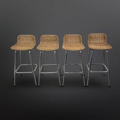 Set of 4 Perriand style wicker and steel stools, Netherlands 1970s