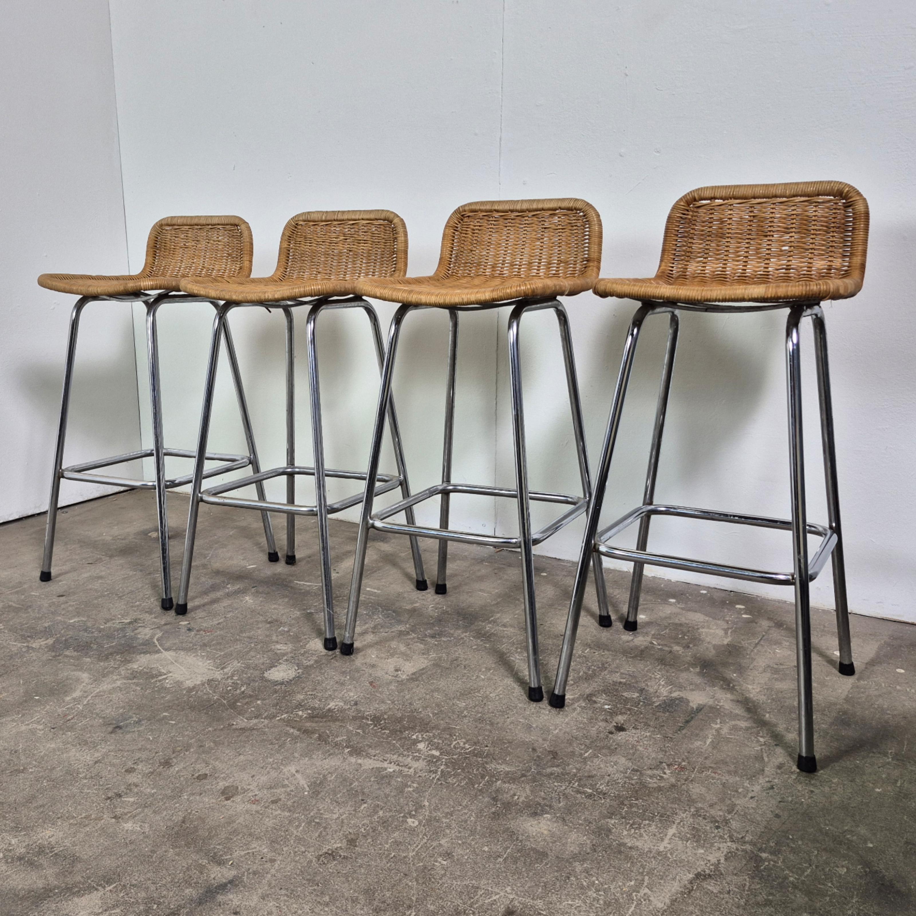 Mid-Century Modern Set of 4 Perriand style wicker and steel stools, Netherlands 1970s For Sale