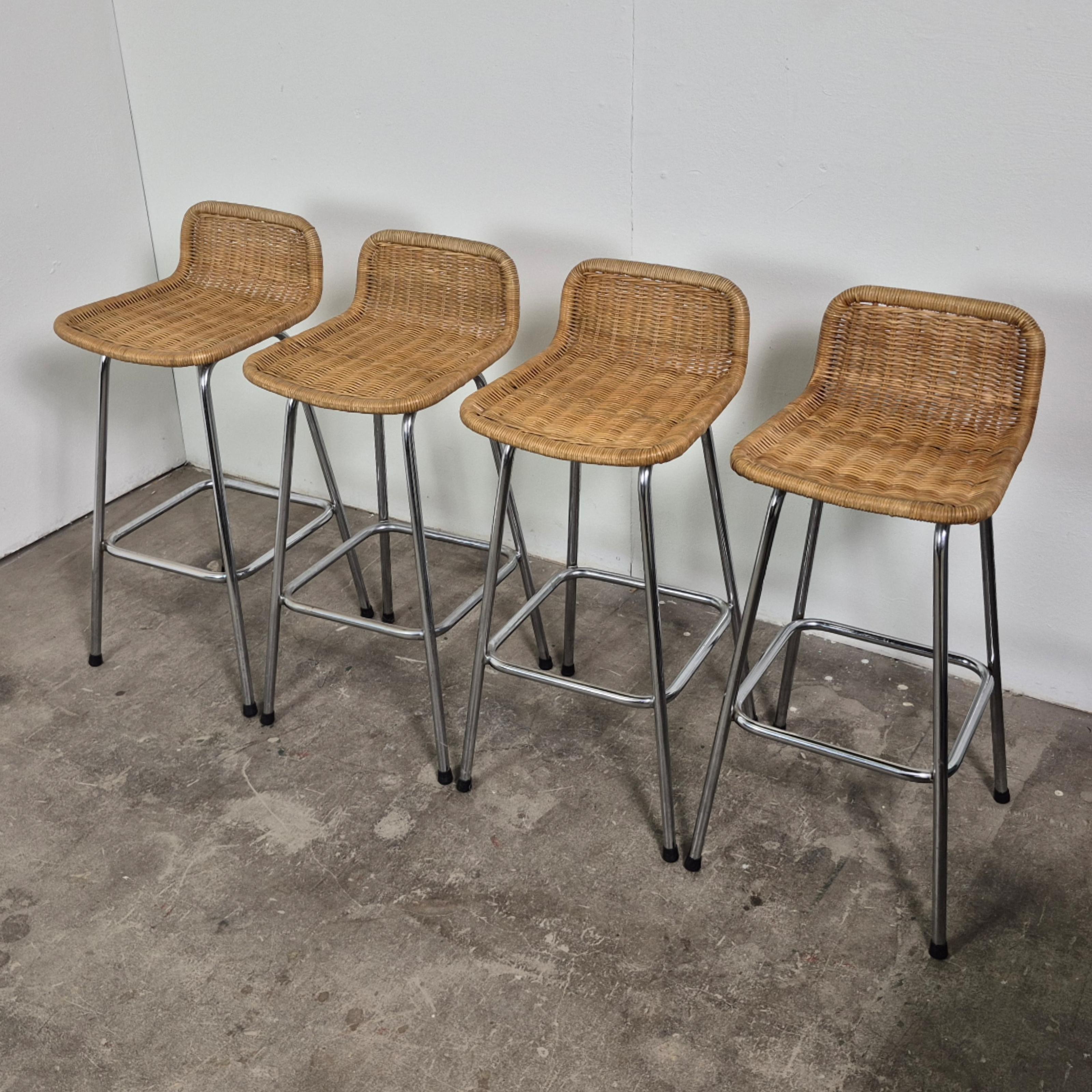 Dutch Set of 4 Perriand style wicker and steel stools, Netherlands 1970s For Sale
