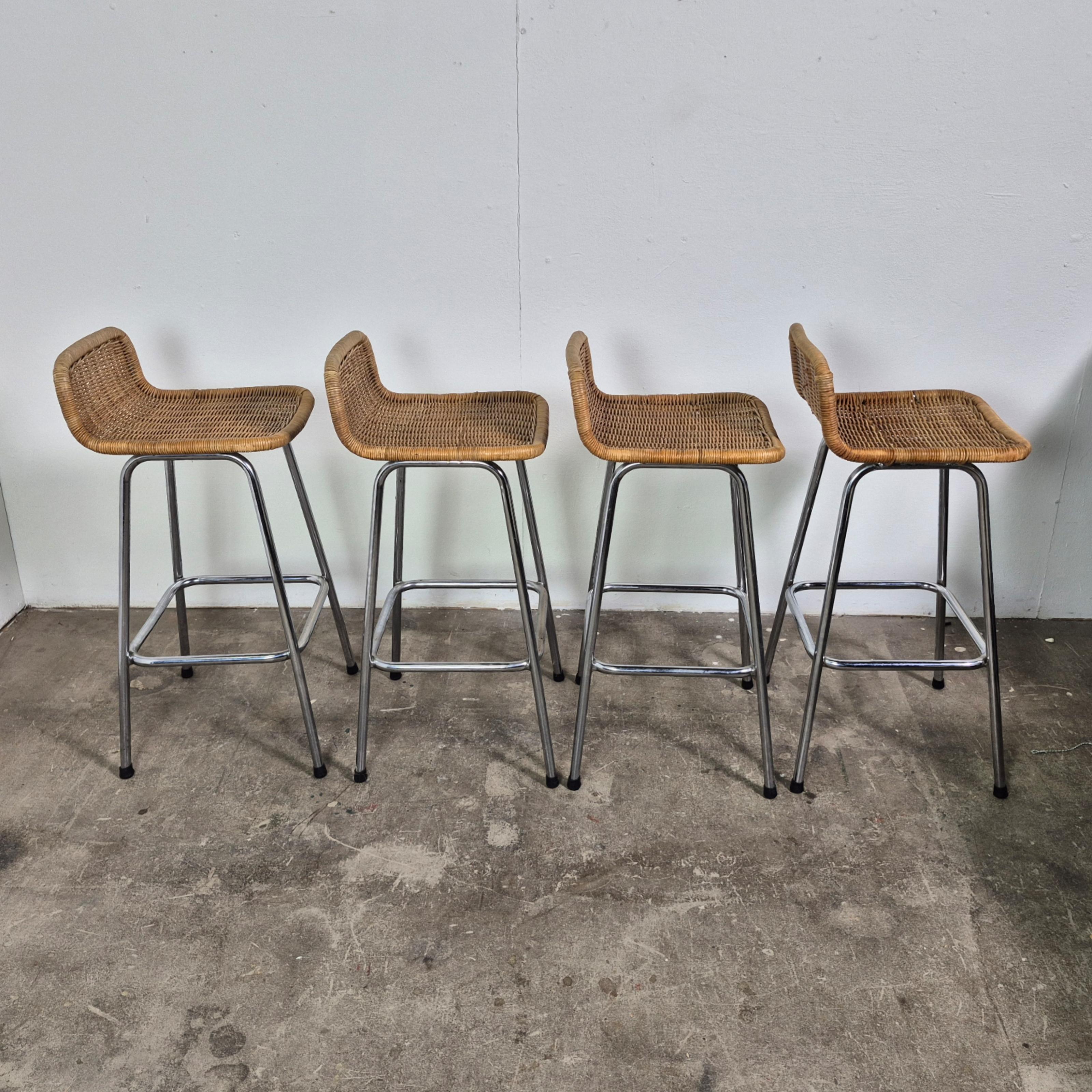 Hand-Crafted Set of 4 Perriand style wicker and steel stools, Netherlands 1970s For Sale
