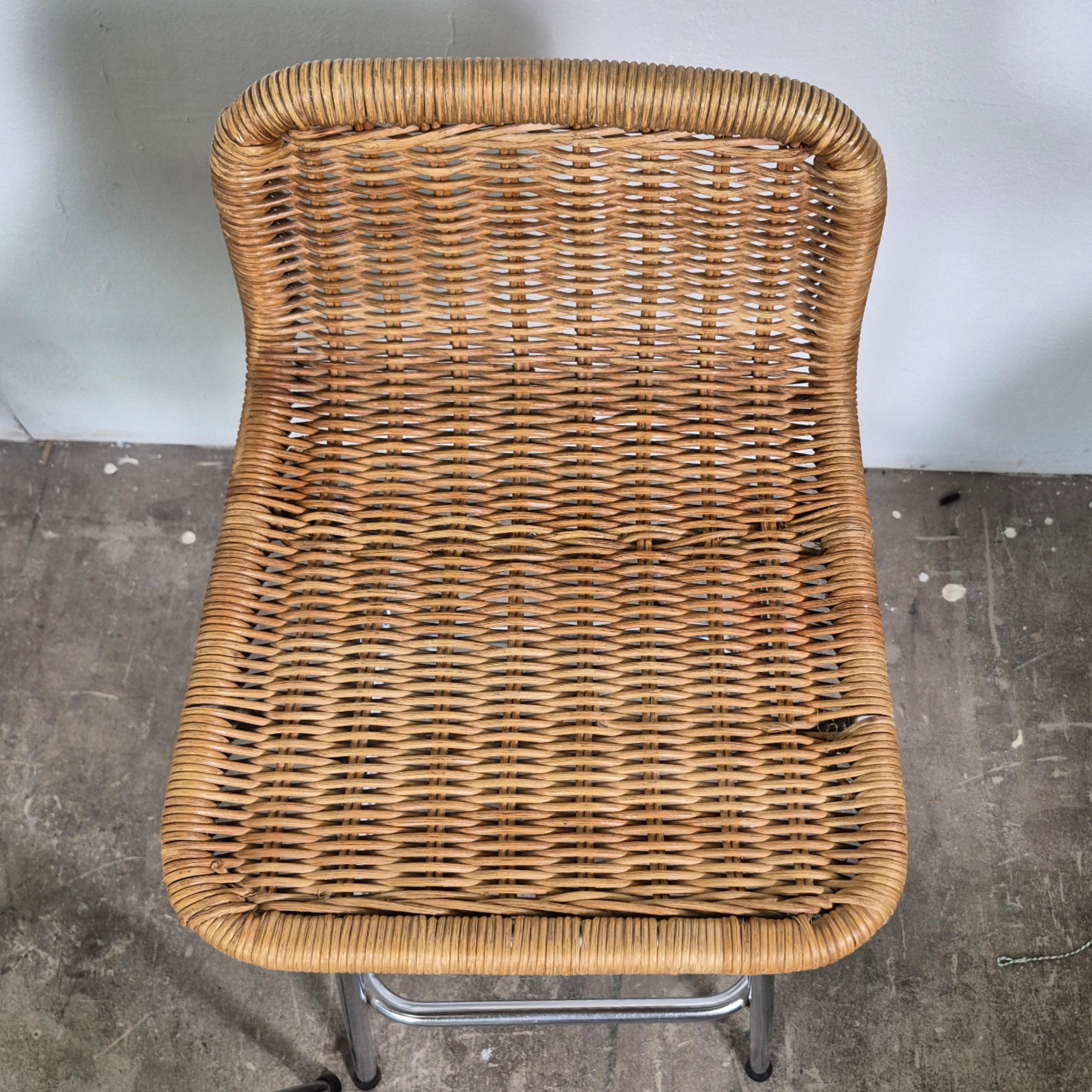 20th Century Set of 4 Perriand style wicker and steel stools, Netherlands 1970s For Sale