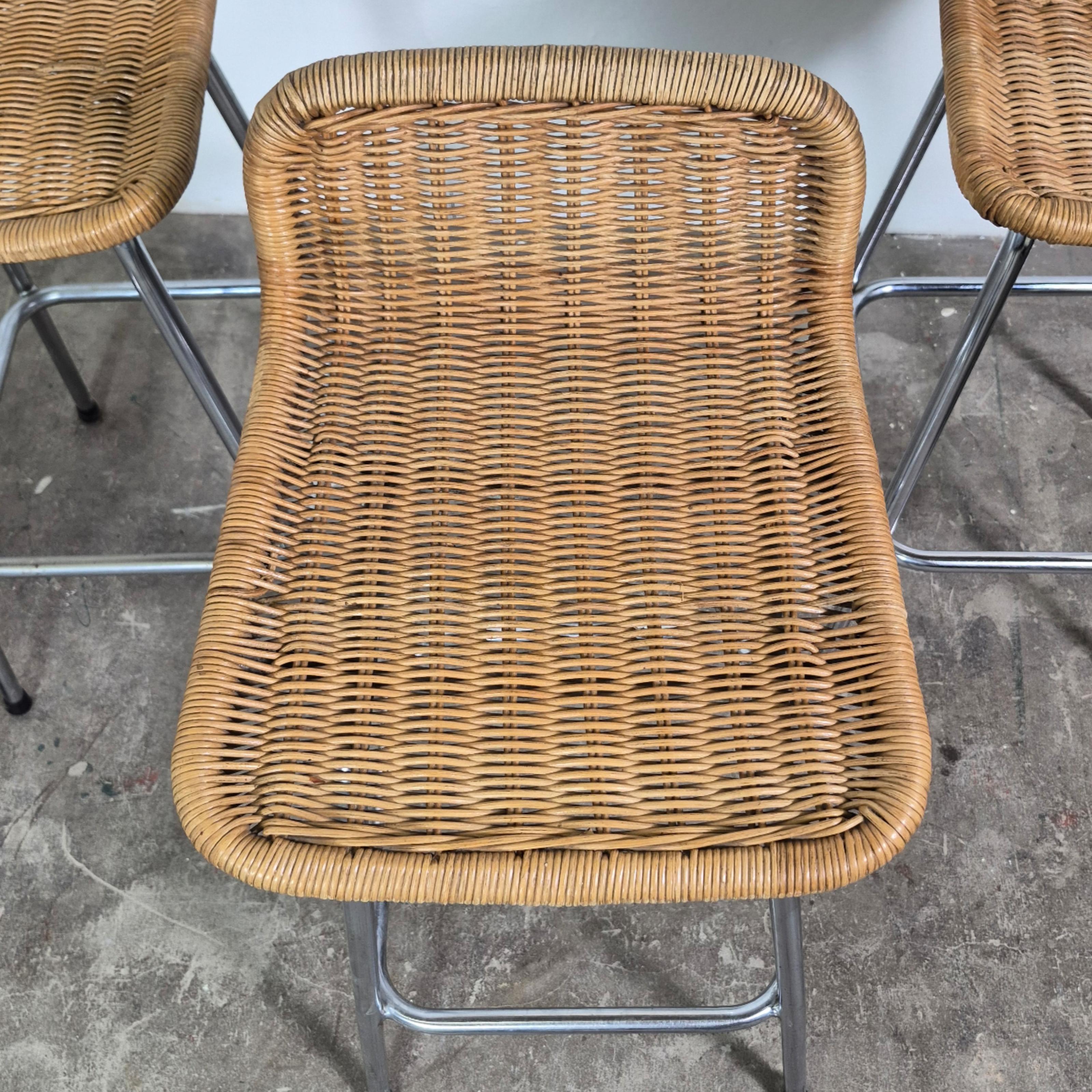 Steel Set of 4 Perriand style wicker and steel stools, Netherlands 1970s For Sale