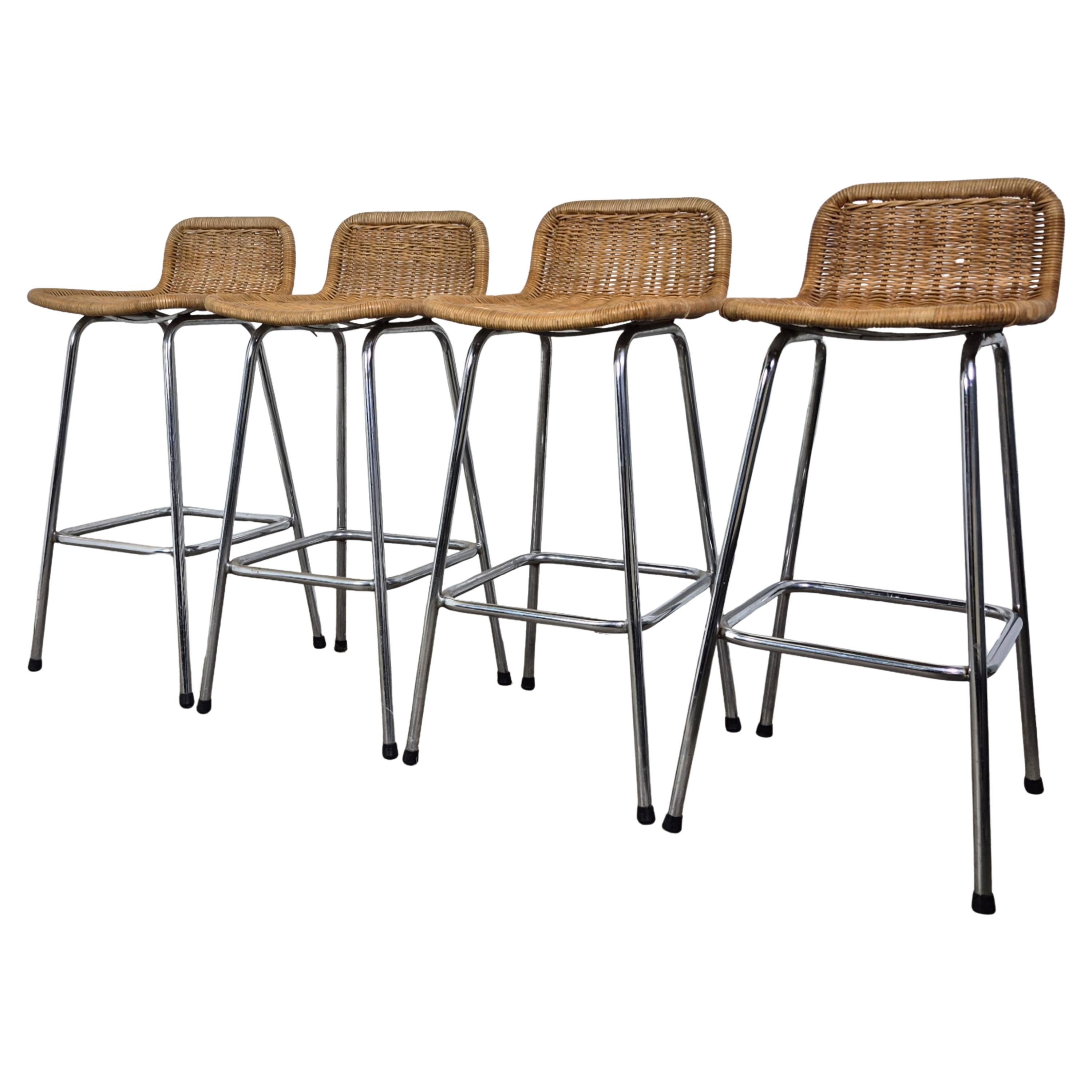 Set of 4 Perriand style wicker and steel stools, Netherlands 1970s For Sale