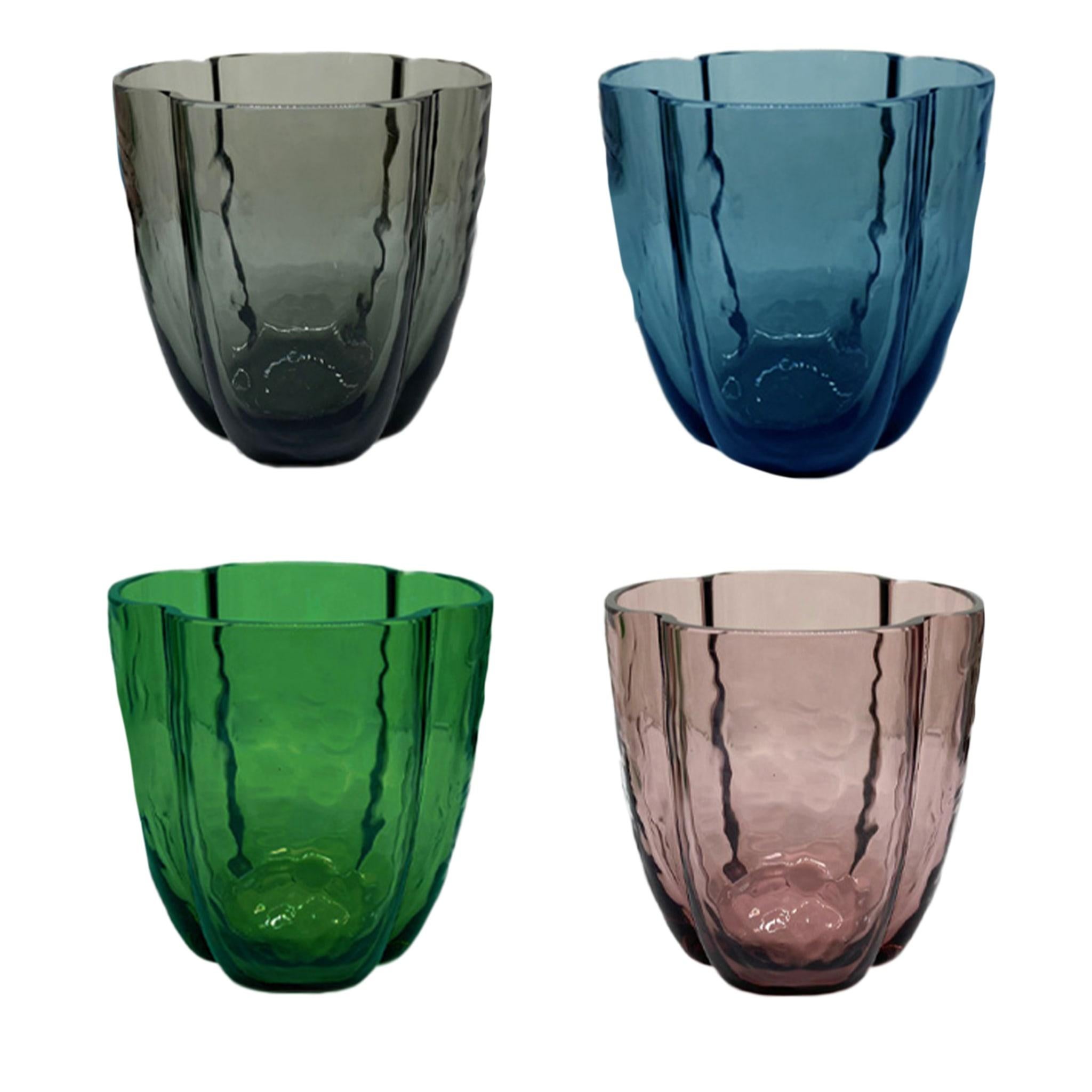 Set of 4 Murano glasses in four colors: green, aubergine, gray, and ocean blue. The Glass opens like a flower with four petals. The color of the glass is strong, and deep and gives intensity to each piece. Glasses are handmade in Murano following