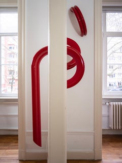 Set of 4 Pieces River Flow Pending Lamp in Red Lacquered Wood by Kimy Gringoire